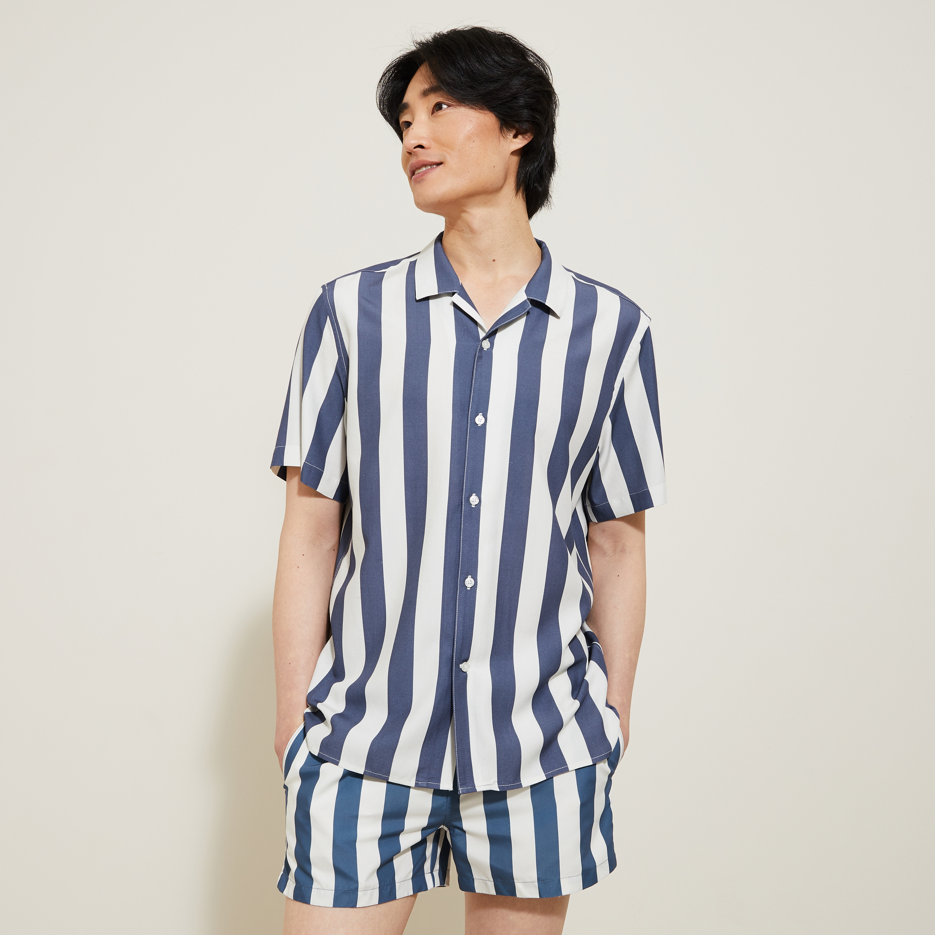 Chemisette regular à rayure en coton modal Bleu S 65% Modal, 35% Coton Homme