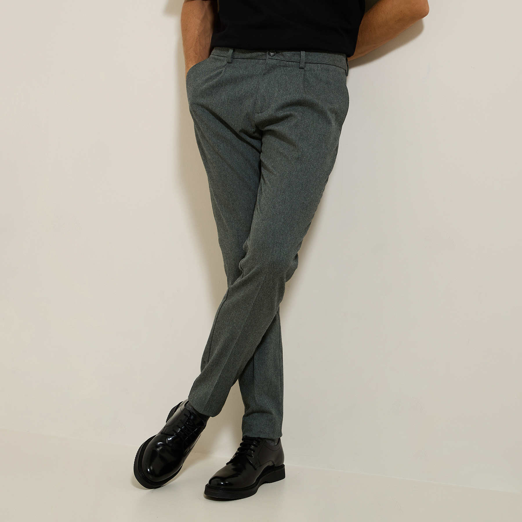 Pantalon chino à plis flanelle Vert/Kaki 36 98% Coton, 2% Elasthanne Homme