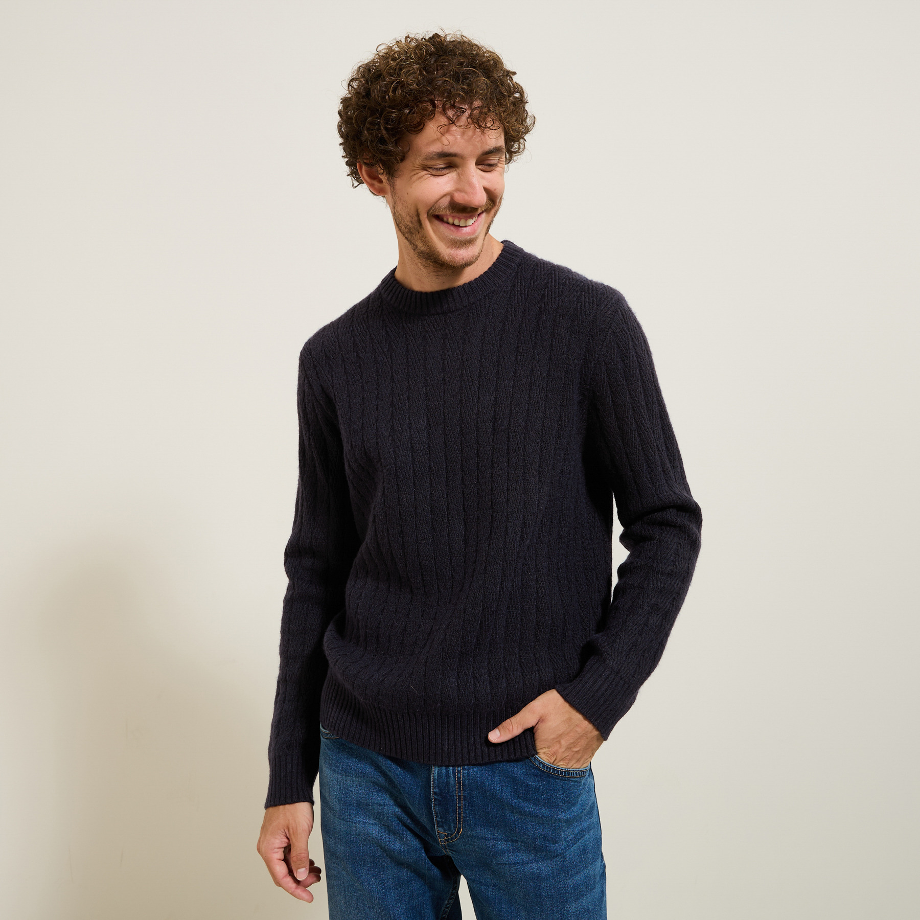 Pull col rond torsade Bleu S  Homme