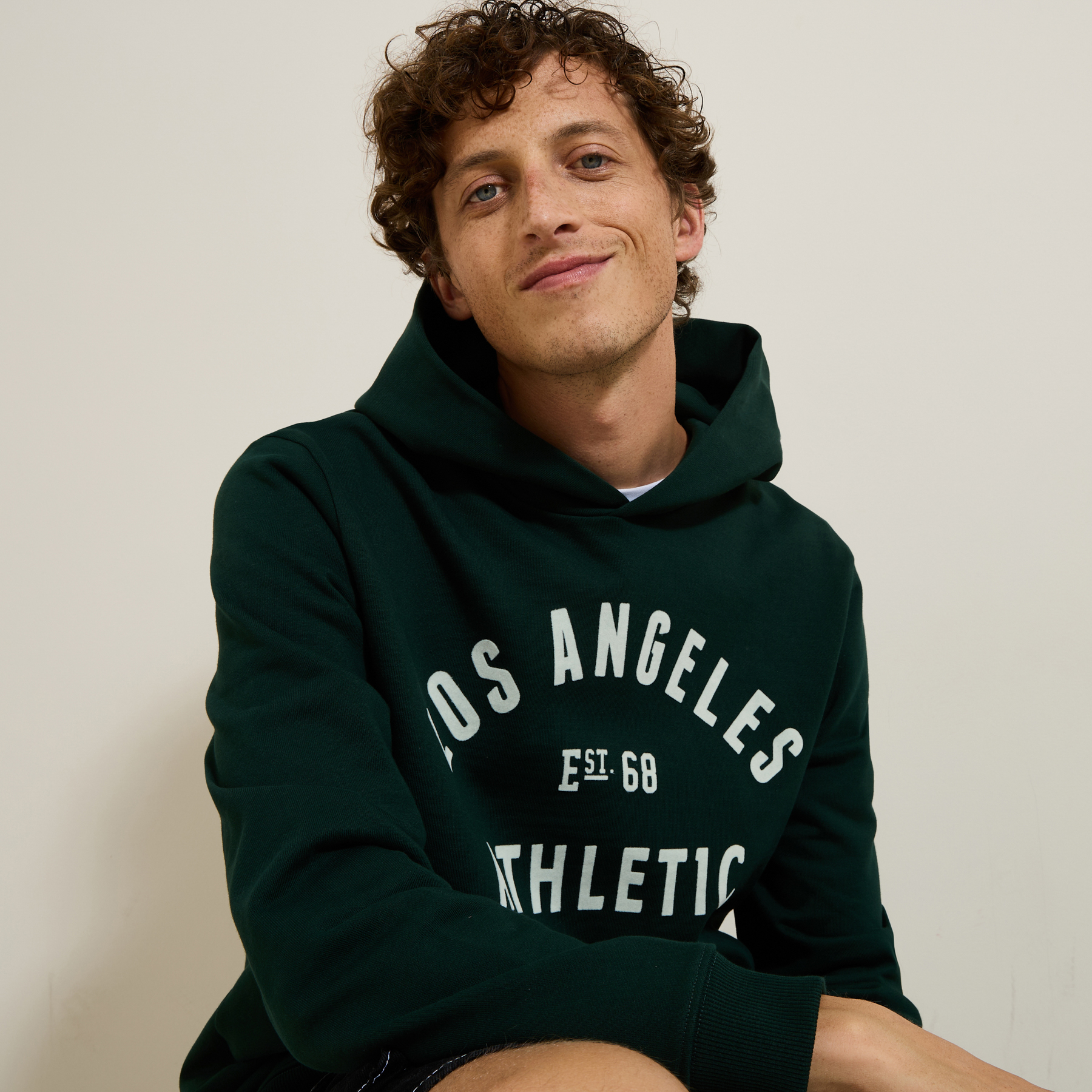 Sweat à capuche imprimé devant avec flocage Vert/Kaki XS 100% Coton Homme