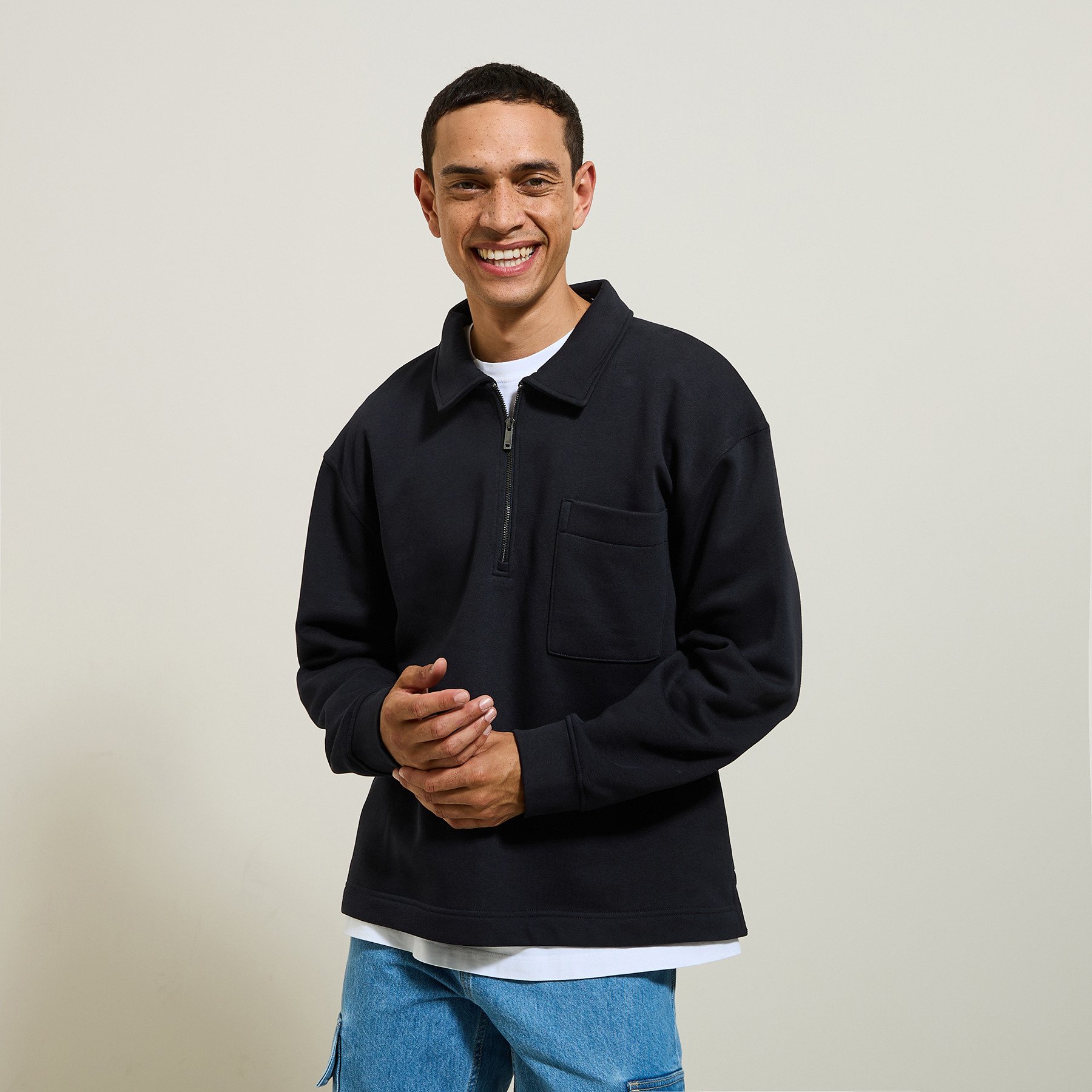 Sweat col polo zippé relax bas droit Bleu S 70% Coton, 30% Polyester Homme