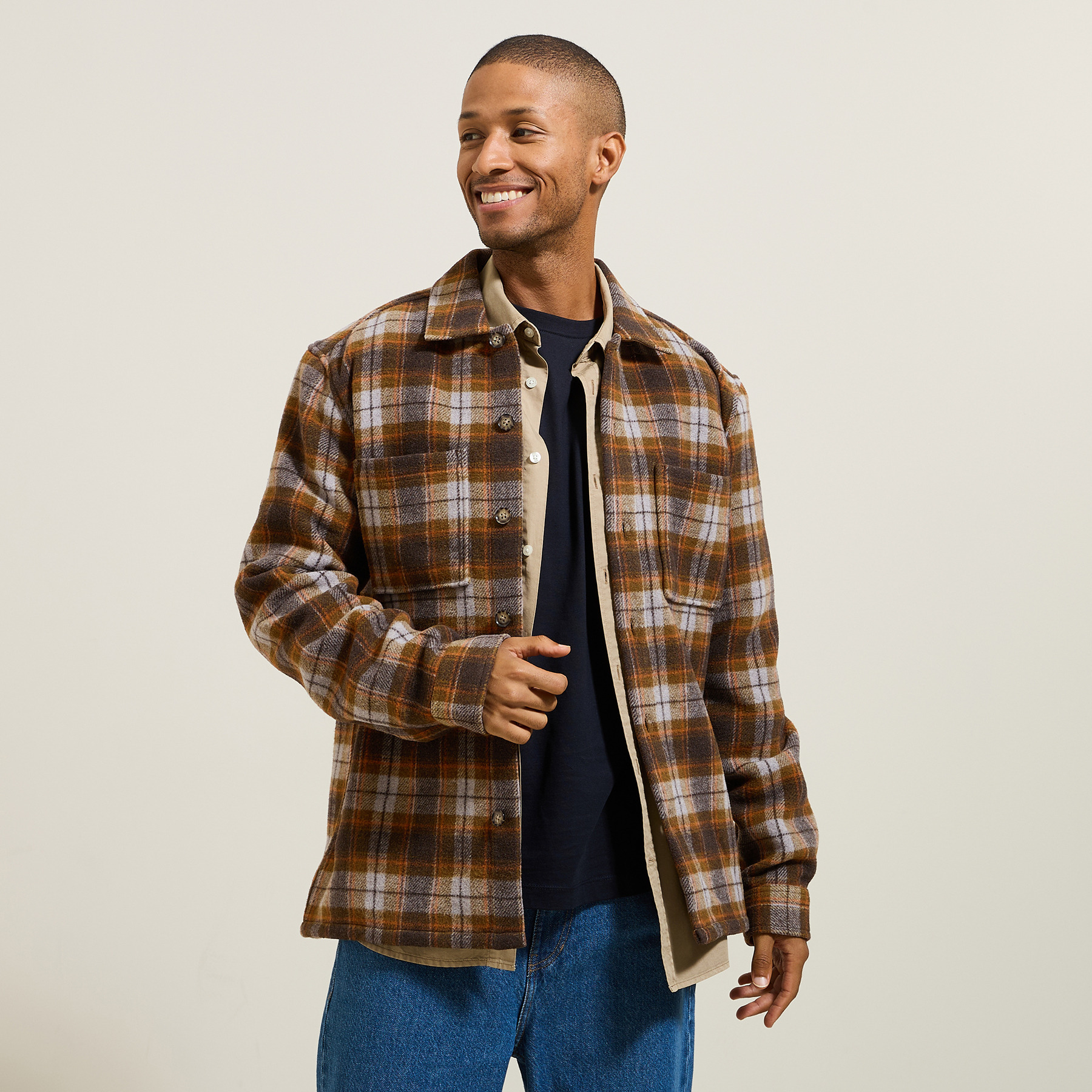 Surchemise à carreaux Marron XS 84% Polyester, 12% Laine, 3% Acrylic, 1% Nylon Homme