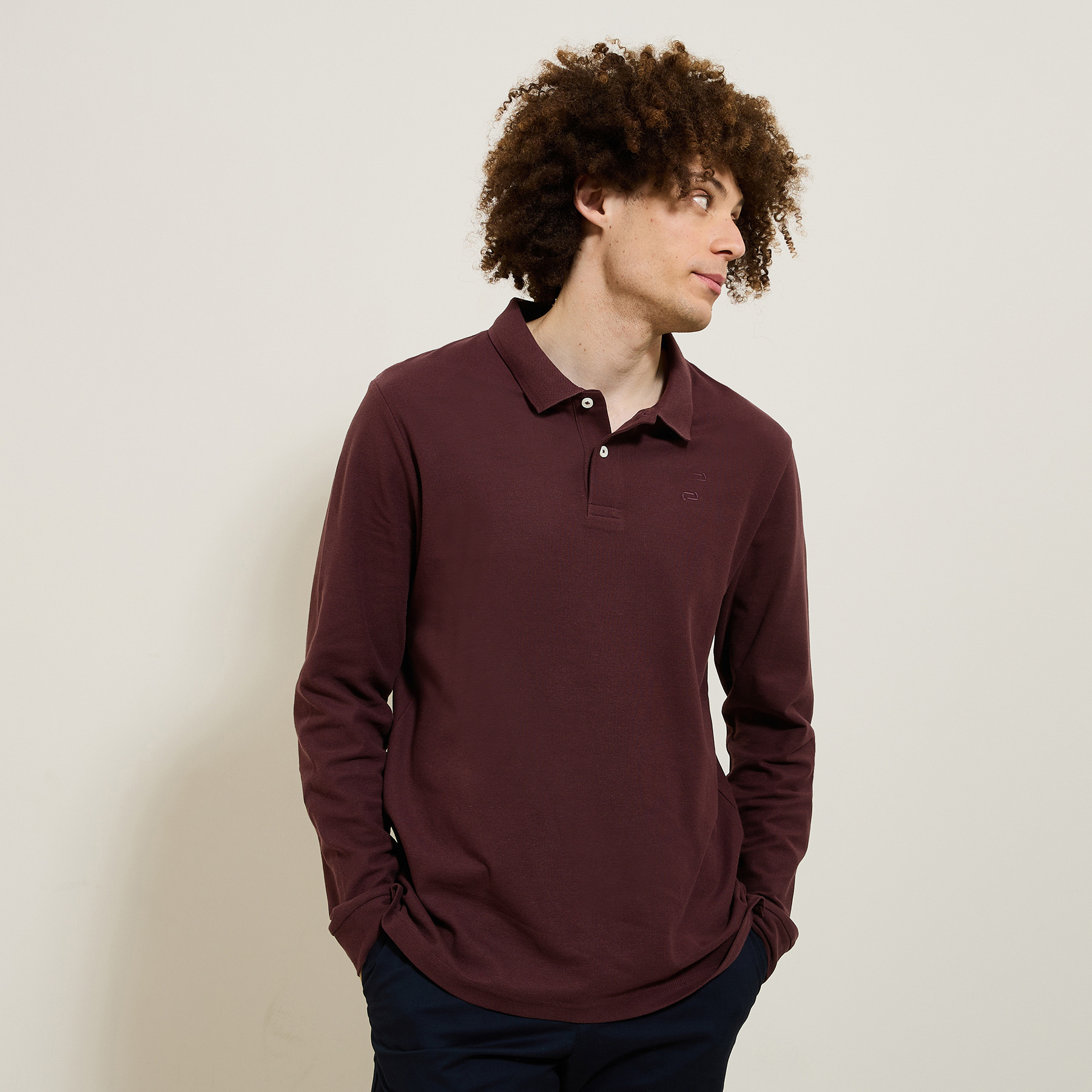 Polo manches longues piqué uni Bordeaux S 100% Coton Homme