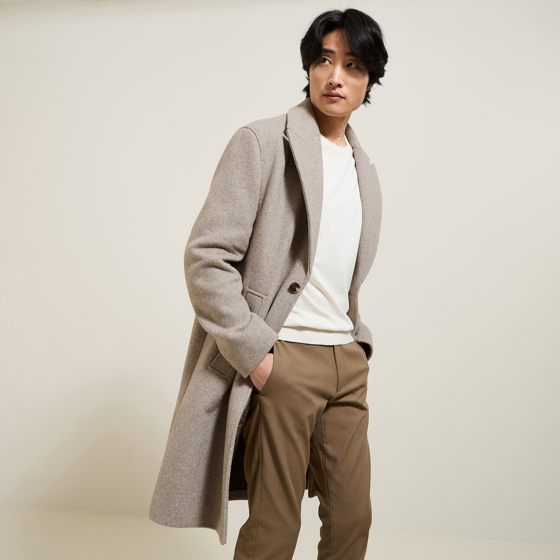 Manteau long chevron col tailleur Beige XS  Homme
