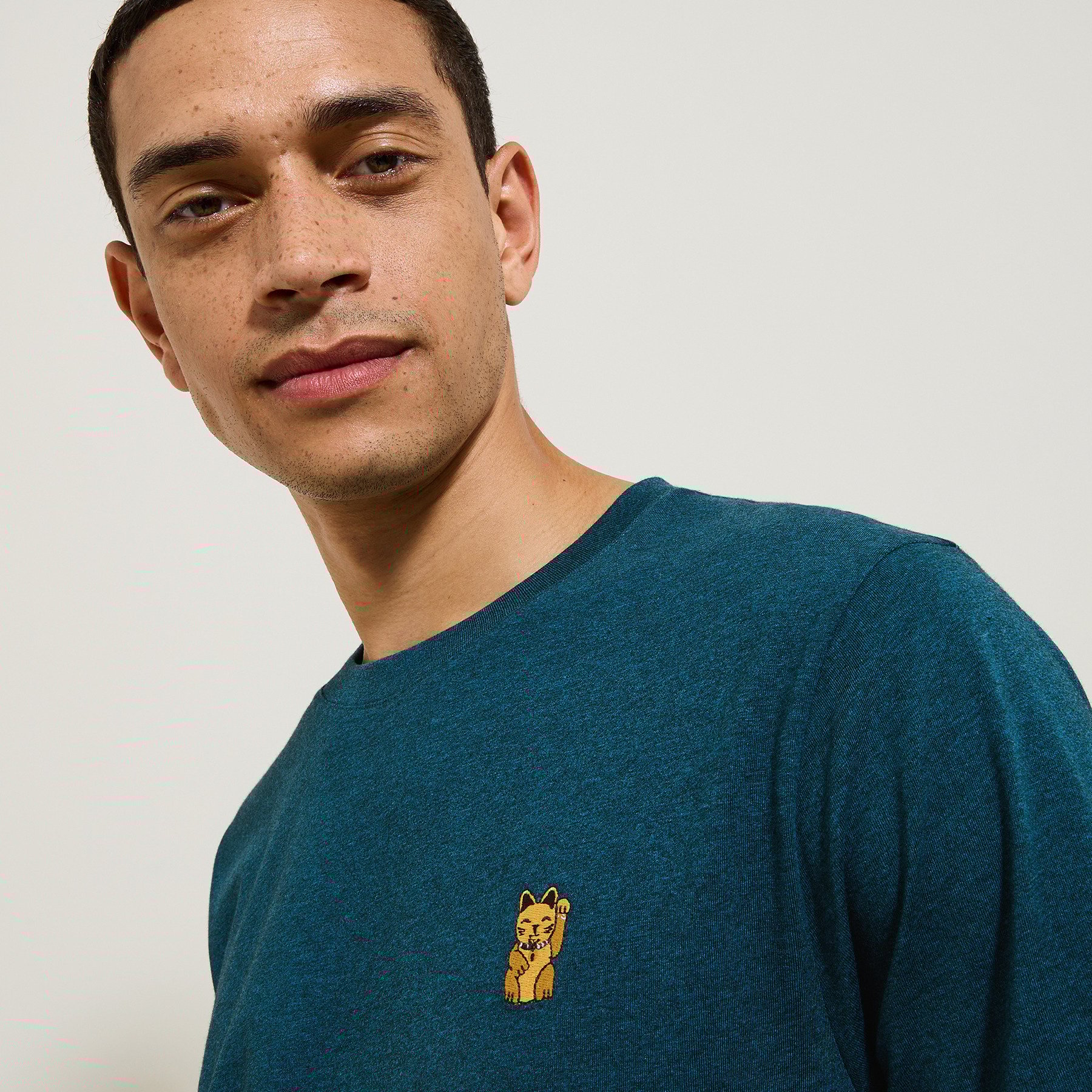 Tee shirt col rond chiné brodé poitrine en coton Bleu XS 100% Coton Homme