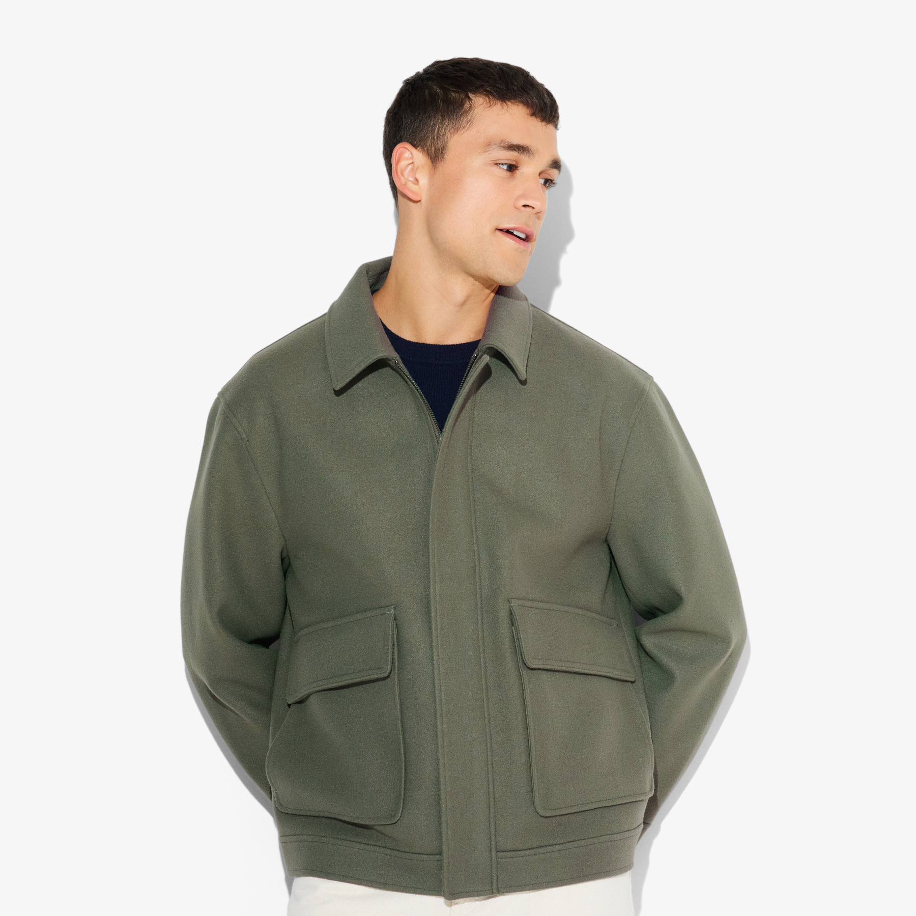 Blouson aspect lainage col chemise Vert/Kaki S 100% Polyester, 100% Polyester Homme