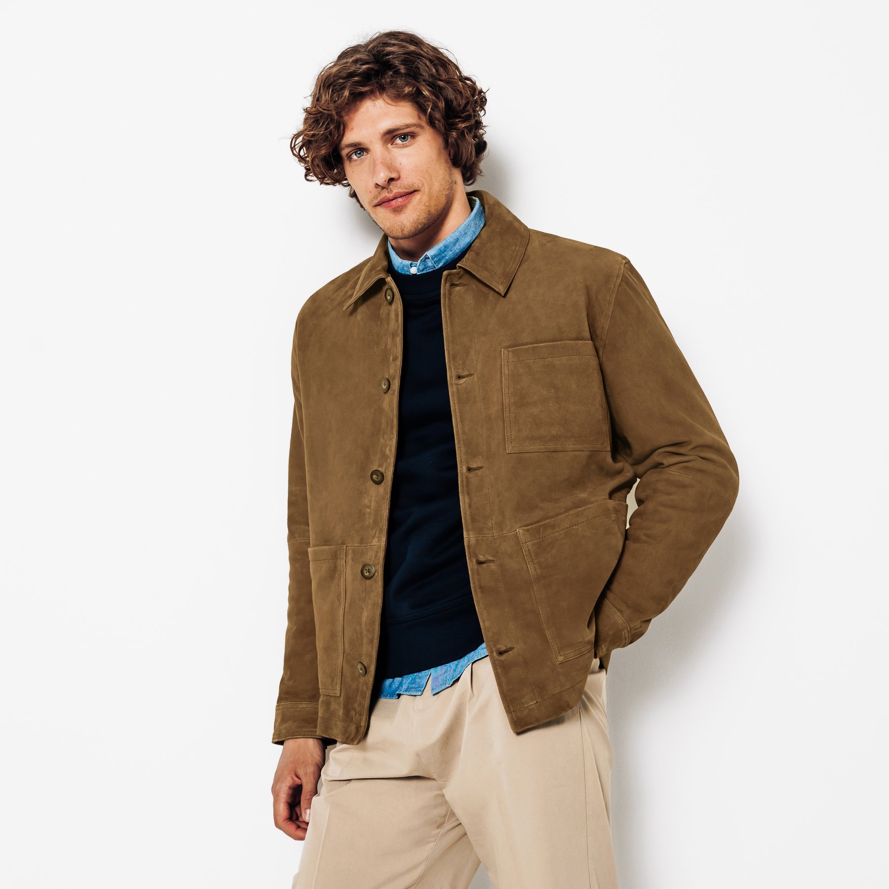 Blouson en cuir col chemise Marron L 100% Polyester, 100% Croûte de cuir de chèvre Homme