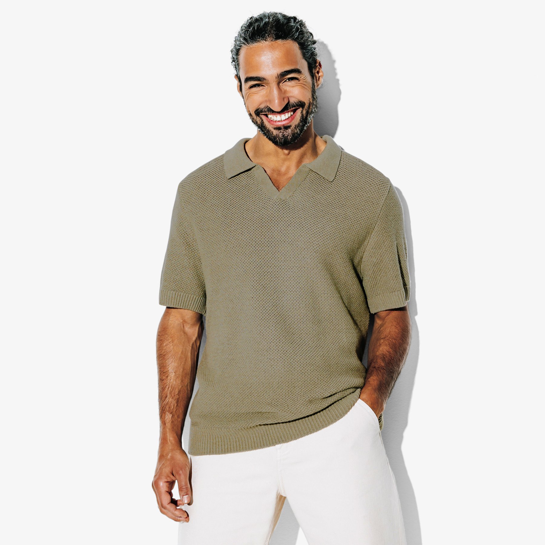 Polo en maille jeux de points Vert/Kaki S 37% Lin, 32% Viscose, 31% Polyester Homme