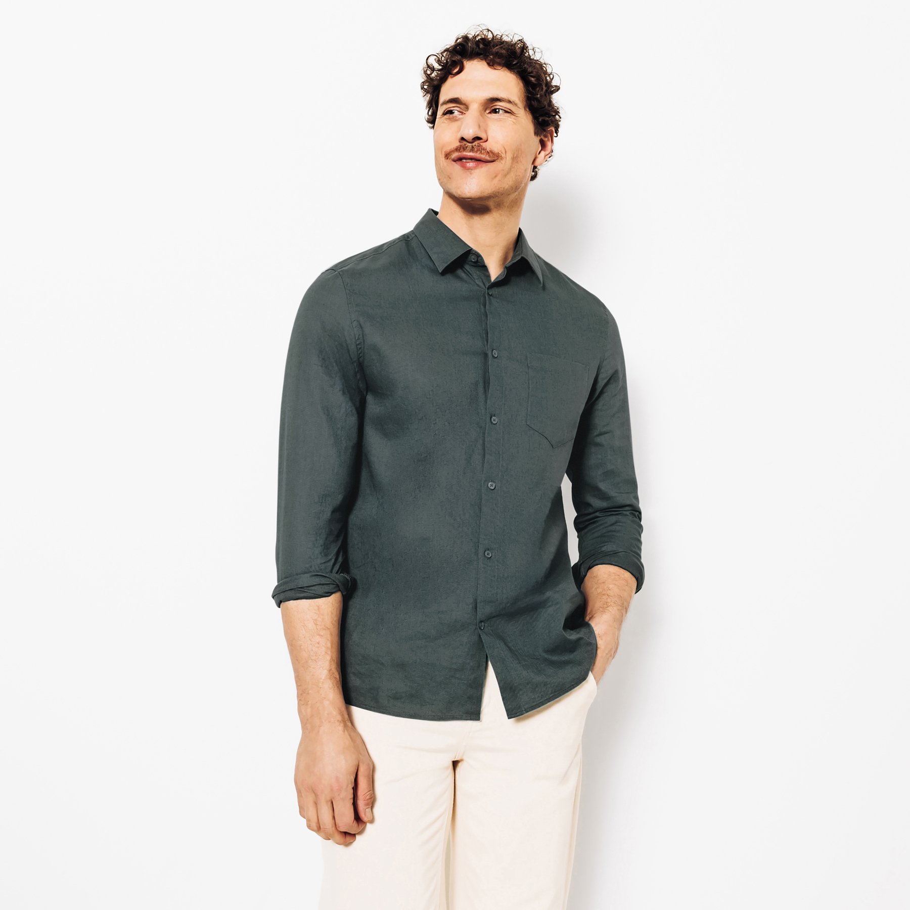 Chemise en coton lin unie Vert/Kaki S 55% Lin, 45% Coton Homme