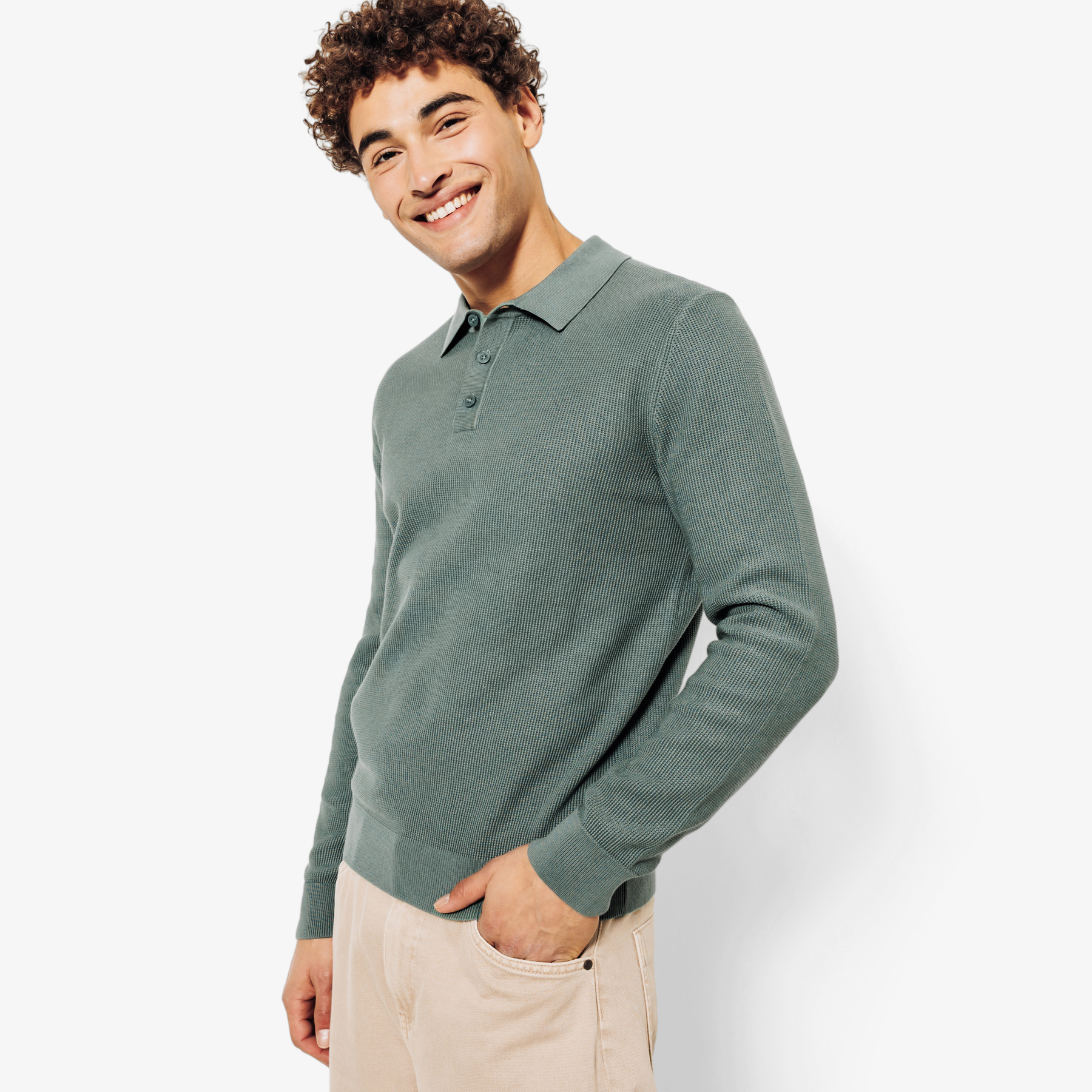 Polo boutonné en maille texturée Vert/Kaki XS 100% Coton Homme