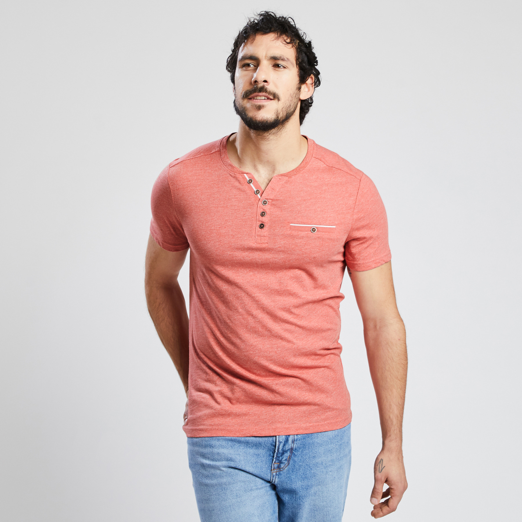 tee shirt col tunisien Rose Homme
