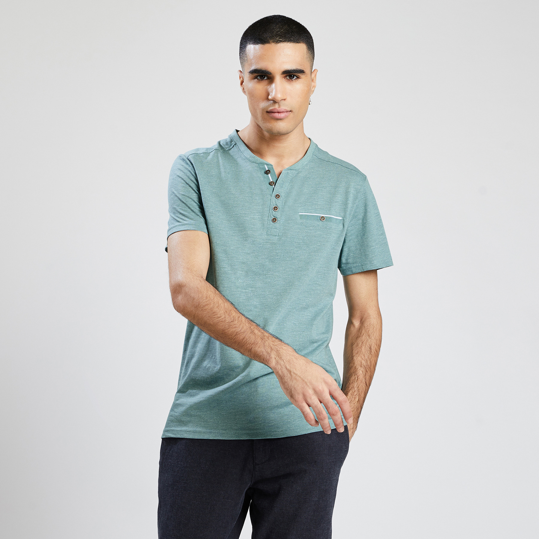 Jules - Tee shirt col tunisien vert/kaki homme
