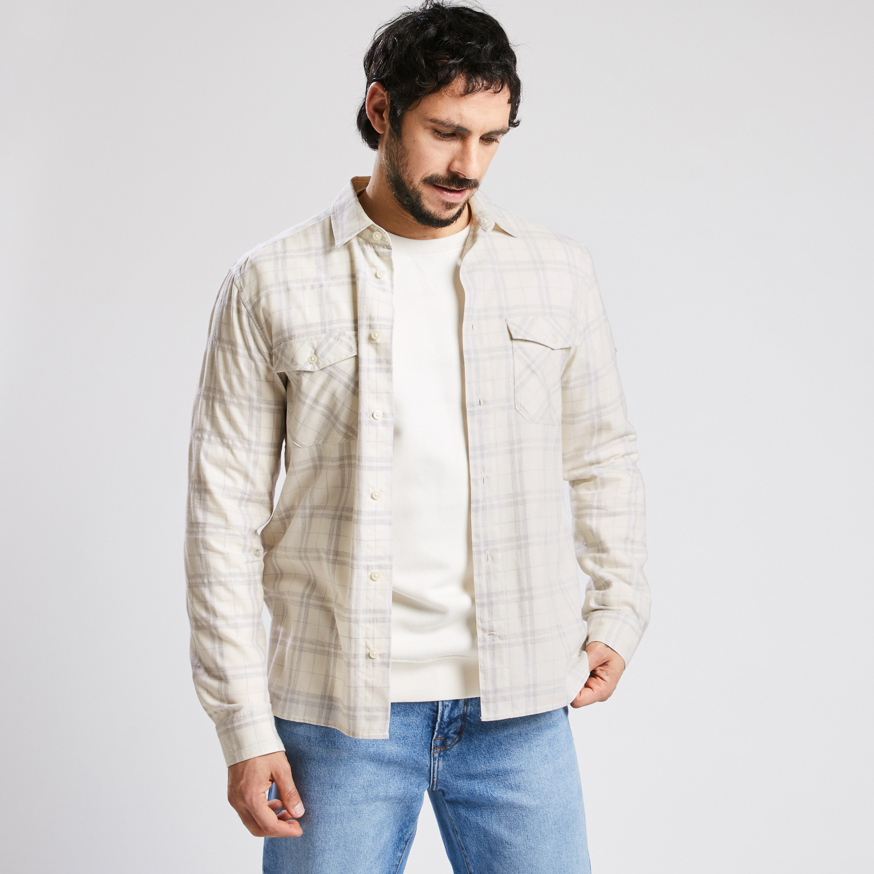 Chemise regular à carreaux coton flanelle Blanc Homme