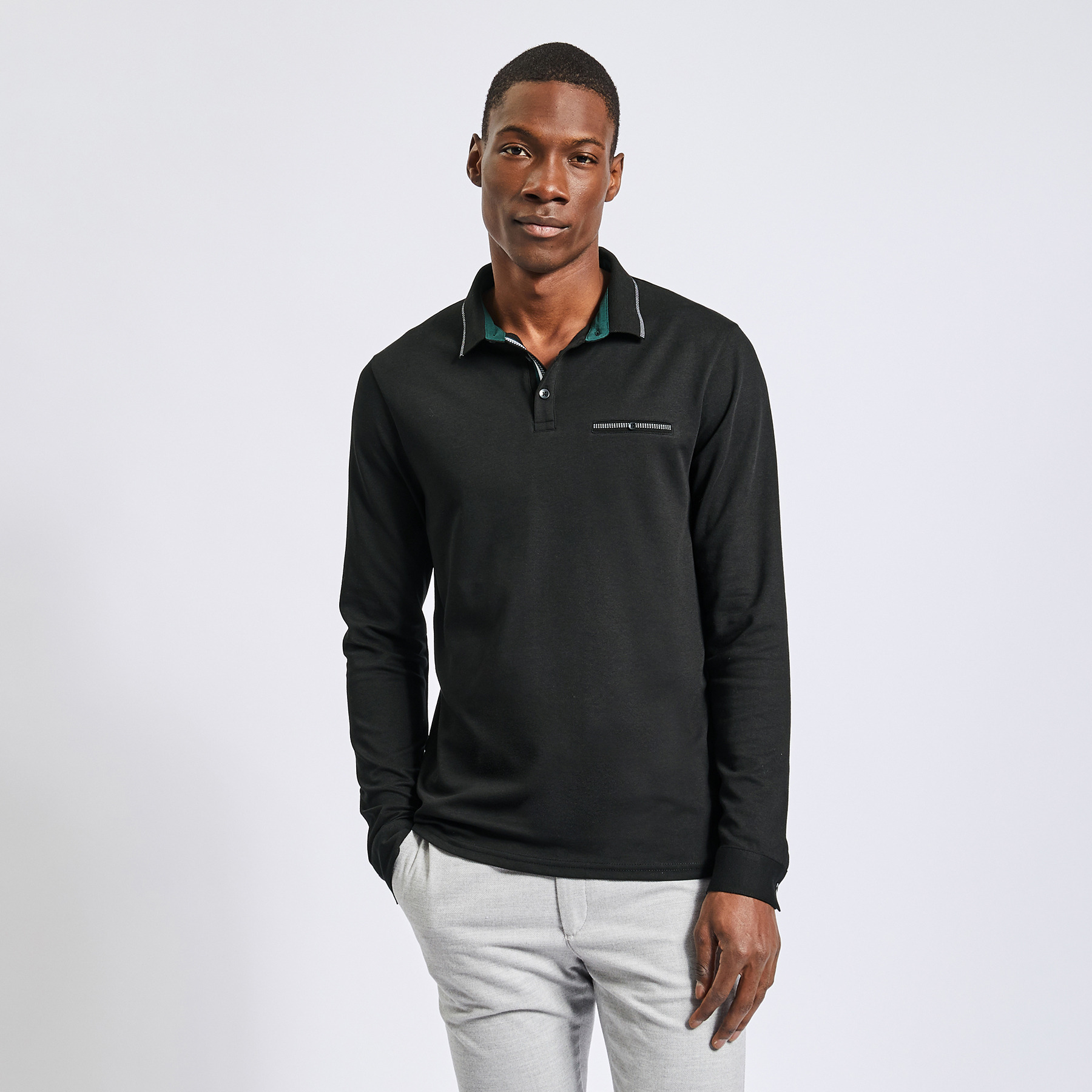 Polo à manches longues uni Noir S 58% Polyester, 42% Coton Homme