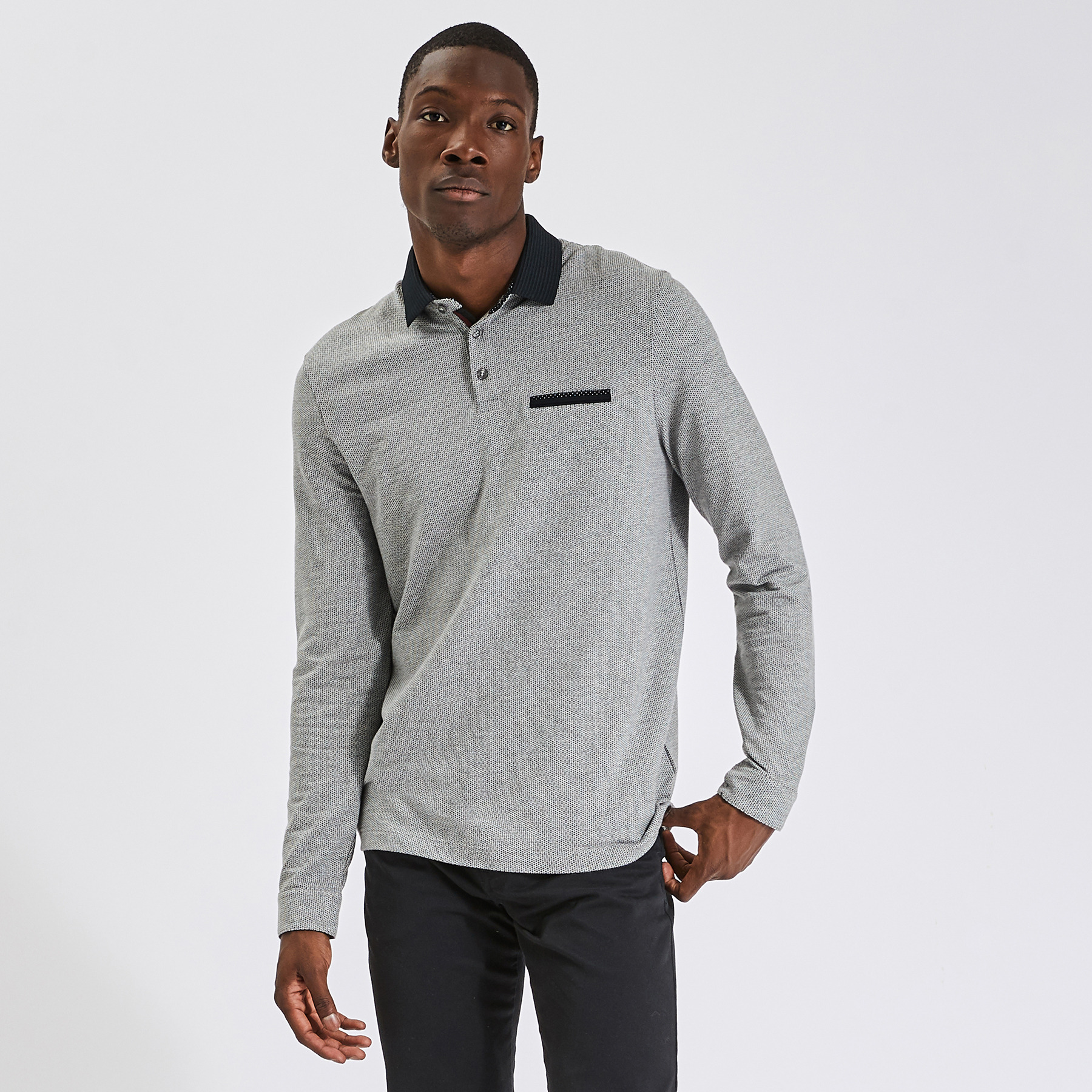 Polo manches longues jacquard à col fantaisie Gris S 55% Coton, 45% Polyester Homme