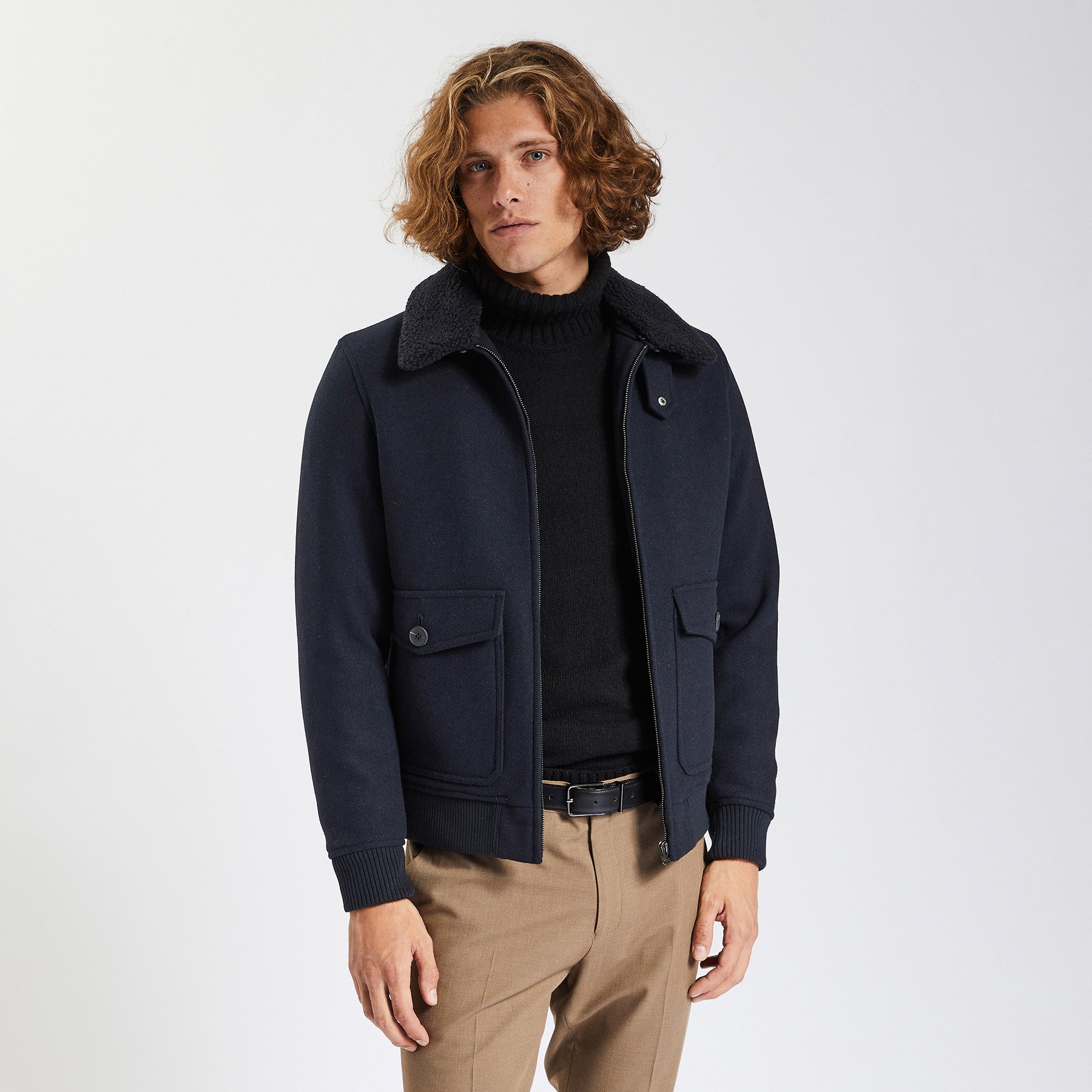 Blouson lainage col faux mouton Bleu XS Polyester Homme