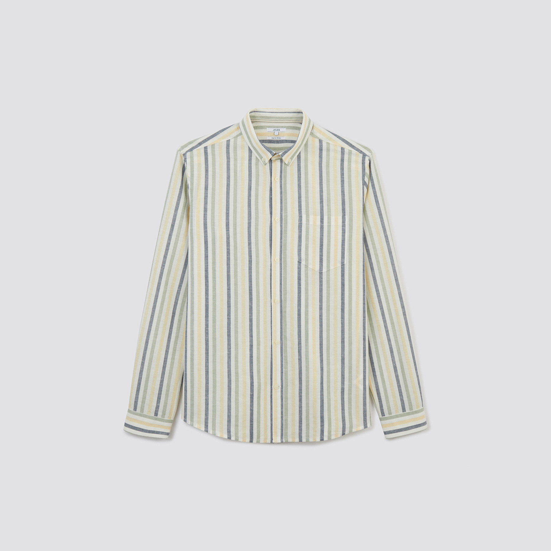 Chemise en lin coton regular à rayures Vert/Kaki M 54% Lin, 46% Coton Homme