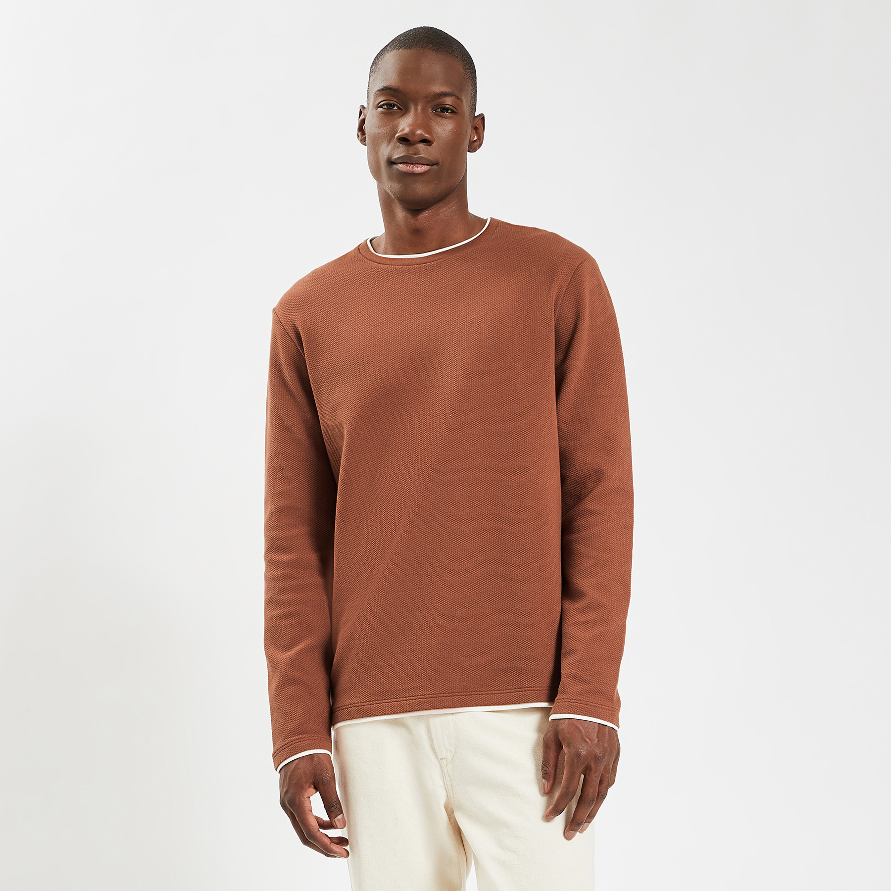 Tee shirt double col matière fantaisie Marron XS 100% Coton Homme Jules