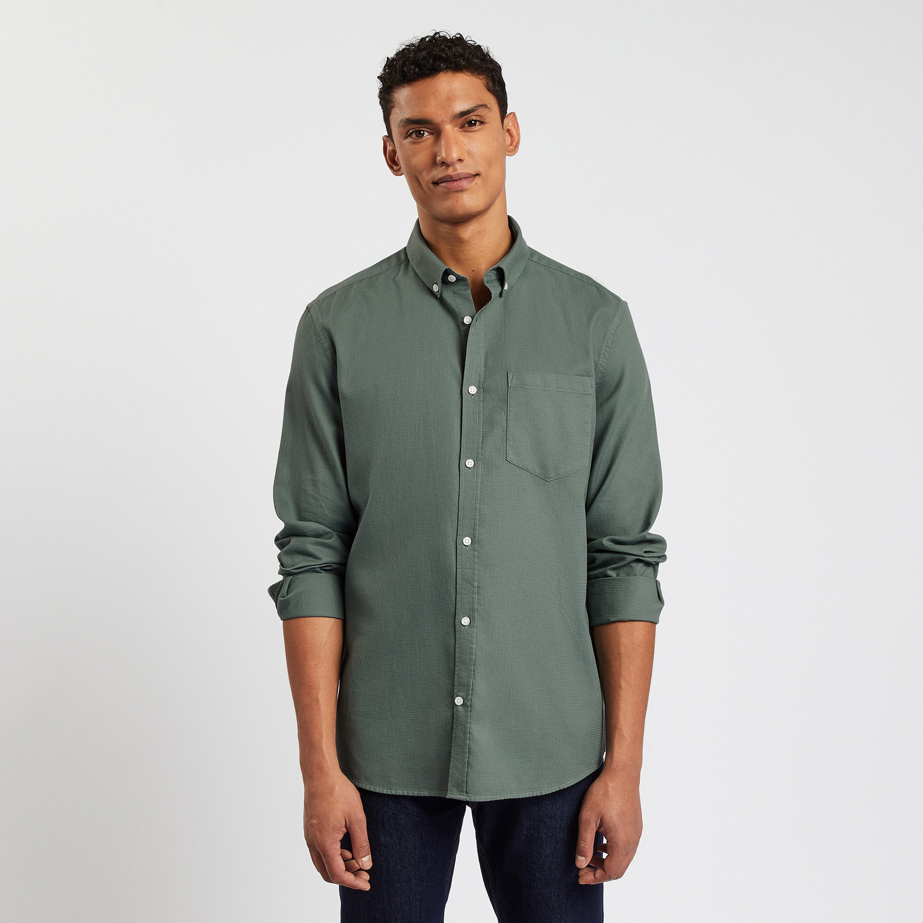 Chemise regular unie texturée coton biologique Vert/Kaki S 100% Coton Homme