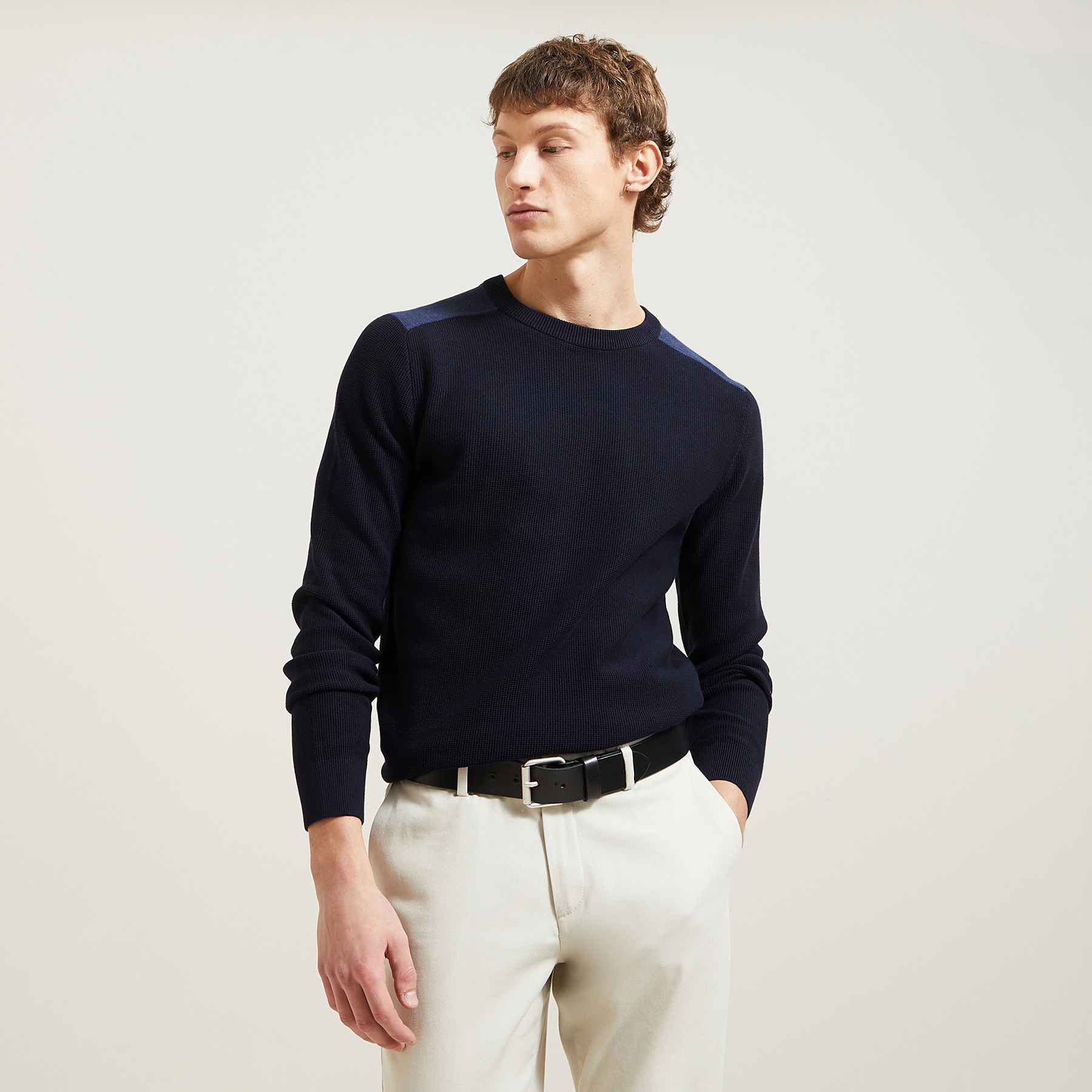Pull col rond patch épaule Bleu XS 100% Coton Homme