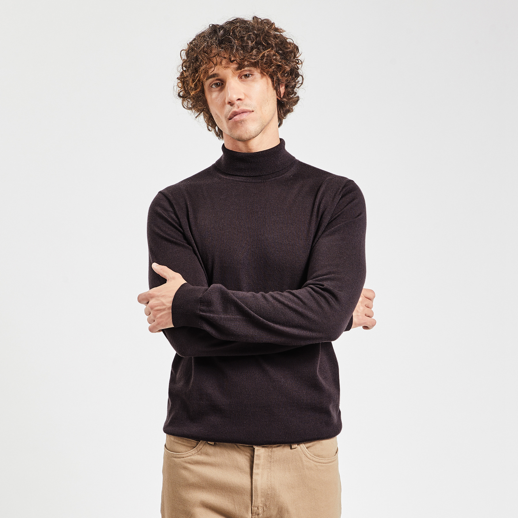 Pull col roulé laine mérinos Marron XS 100% Laine Homme