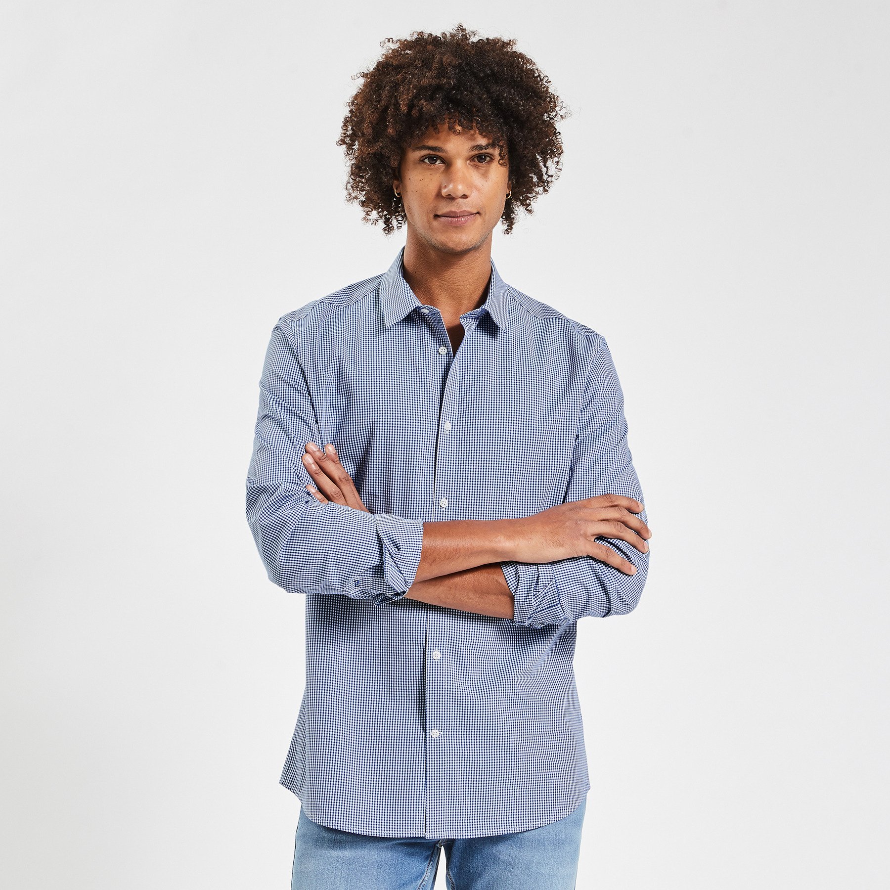 Chemise slim carreau vichy coton viscose Bleu S 55% Coton, 45% Viscose Homme