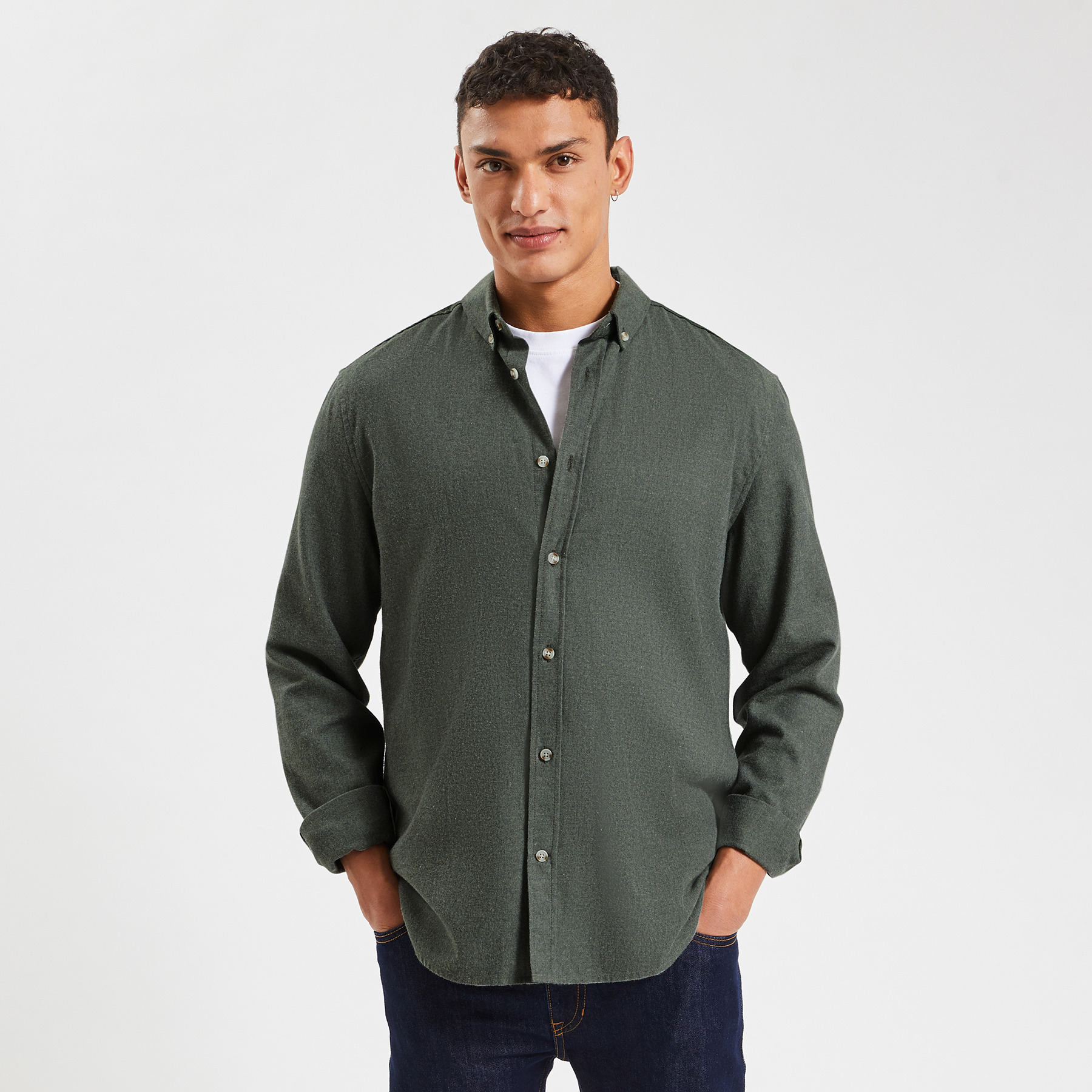 Chemise regular unie coton flanelle Vert/Kaki S 100% Coton Homme