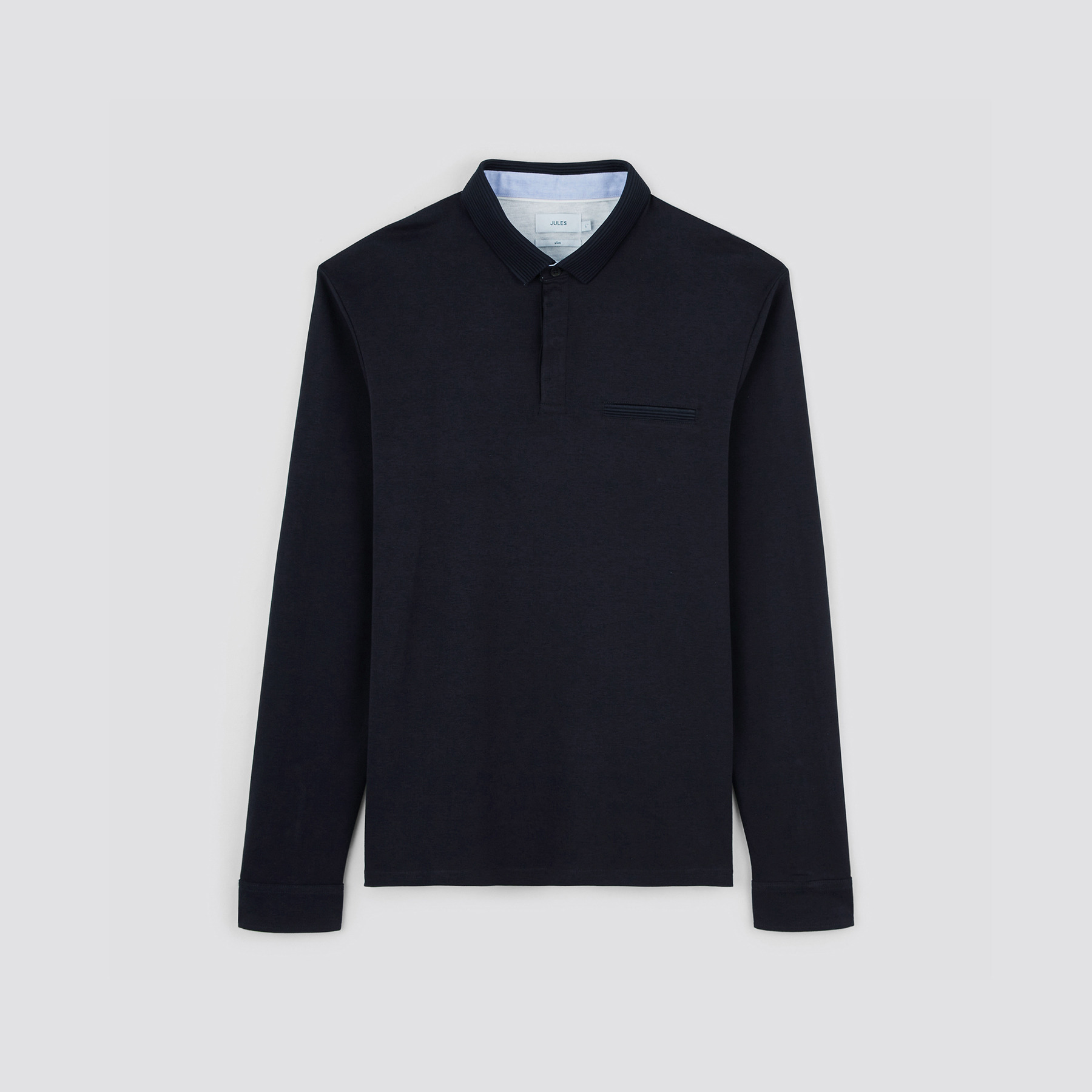 Polo manches longues interlock uni Bleu S 100% Coton Homme