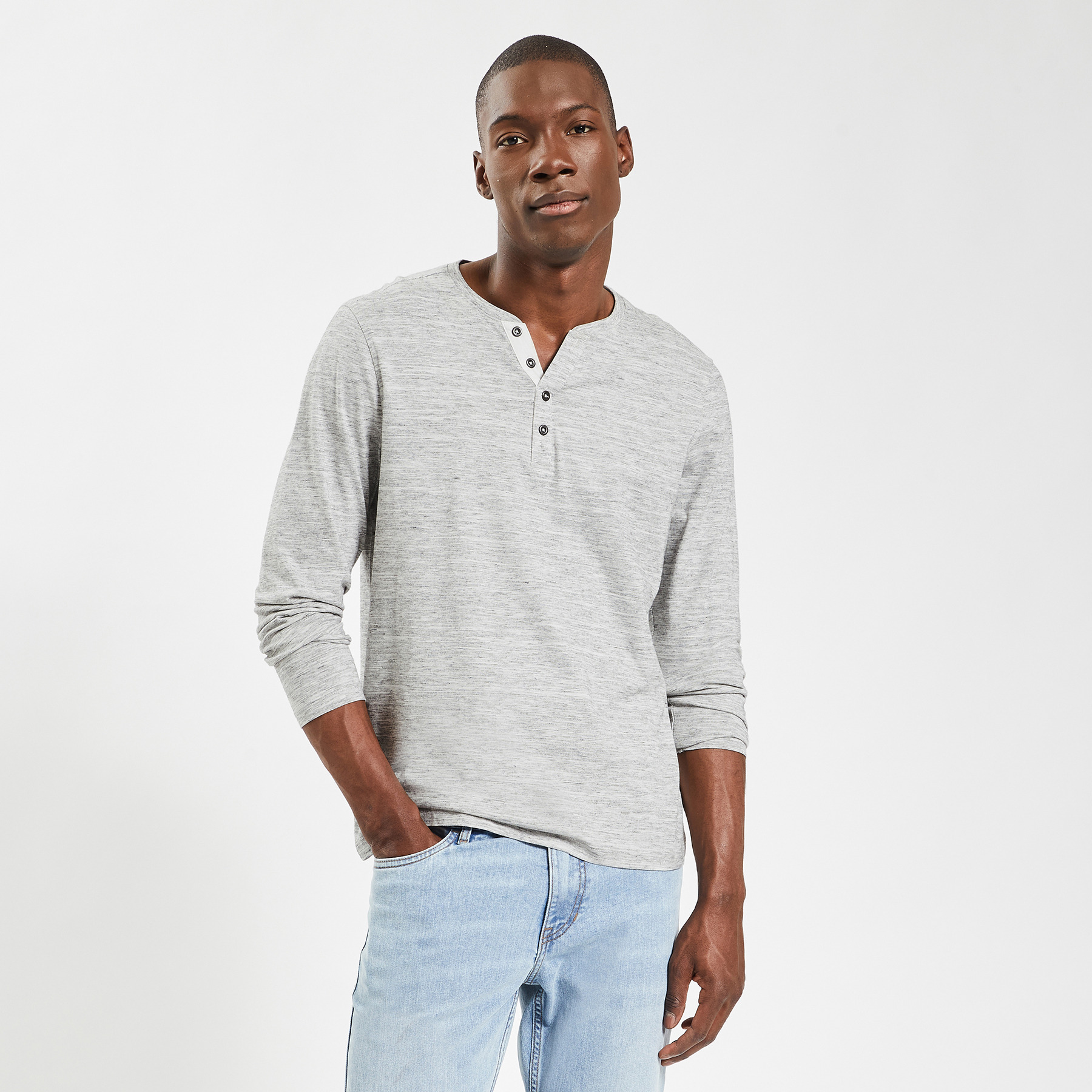 Tee shirt col tunisien manches longues Blanc XS 93% Coton, 7% Viscose Homme
