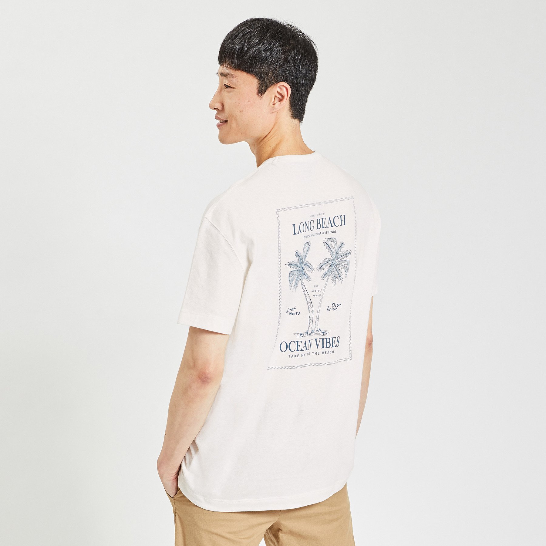 Tee shirt imprimé devant et dos Blanc S 70% Coton, 30% Lin Homme Jules