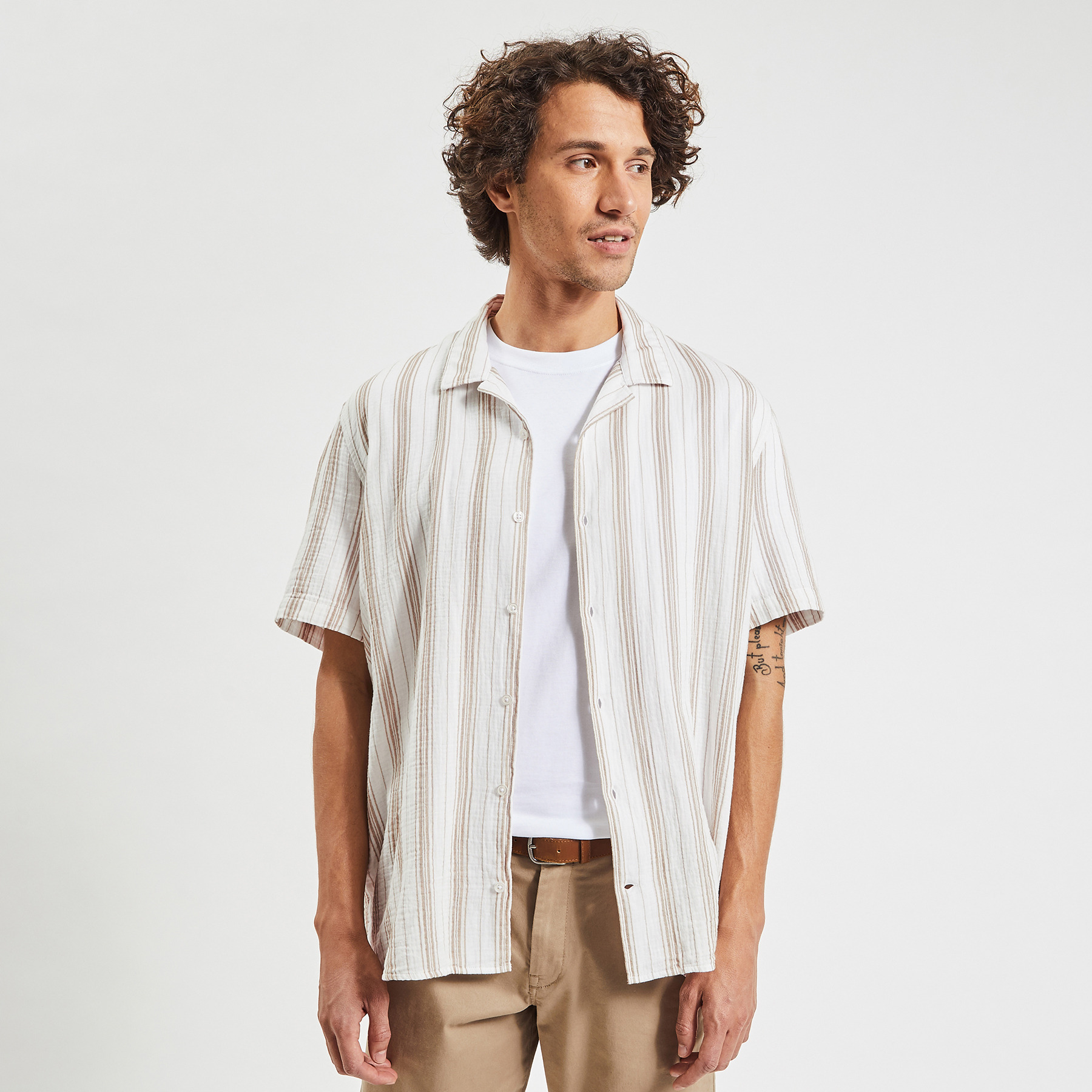 Chemisette regular rayures gaze de coton Ecru L 100% Coton Homme Brice