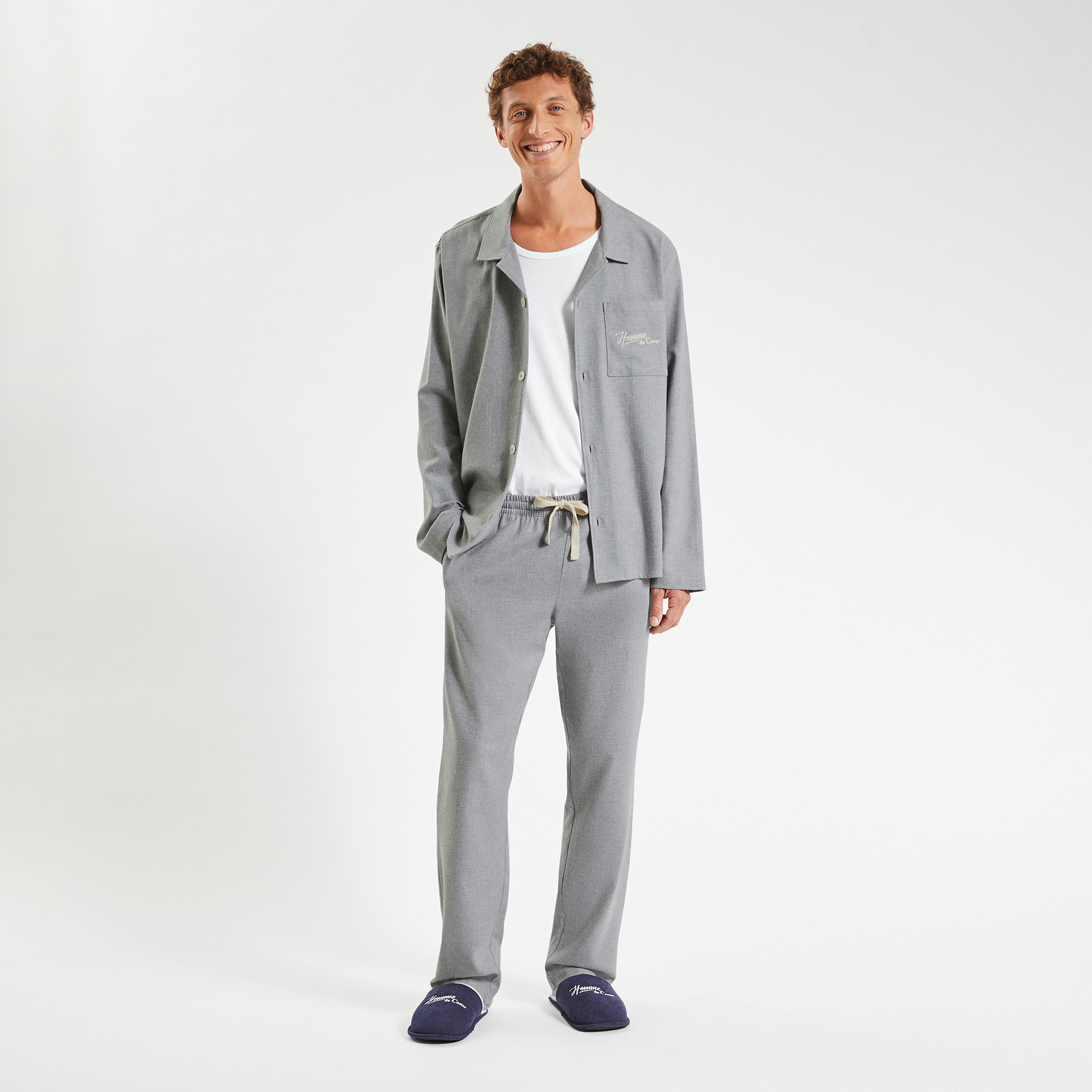 Pyjama chemise et pantalon Gris S 100% Coton Homme