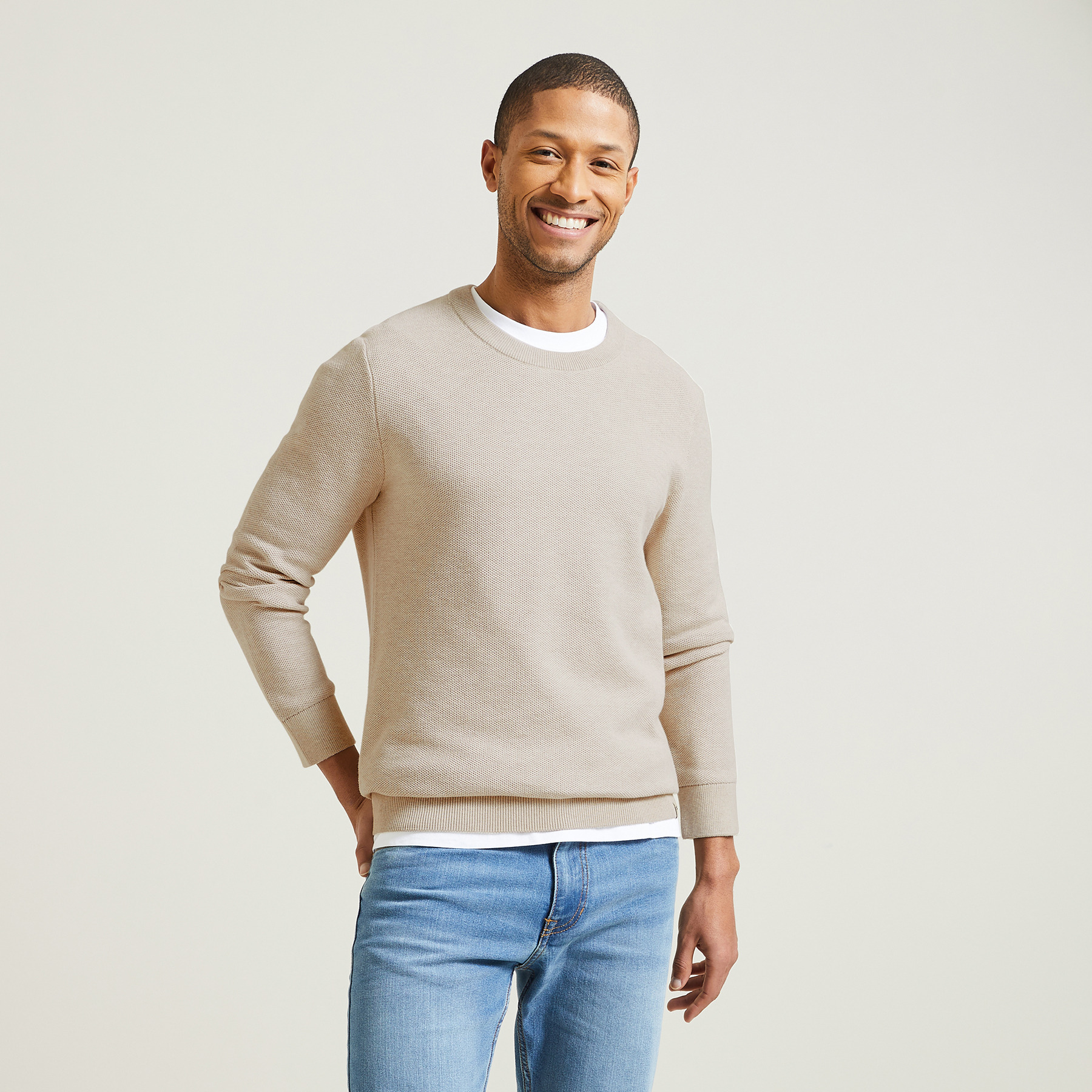 Pull col rond jeux de points Ecru S 100% Coton Homme