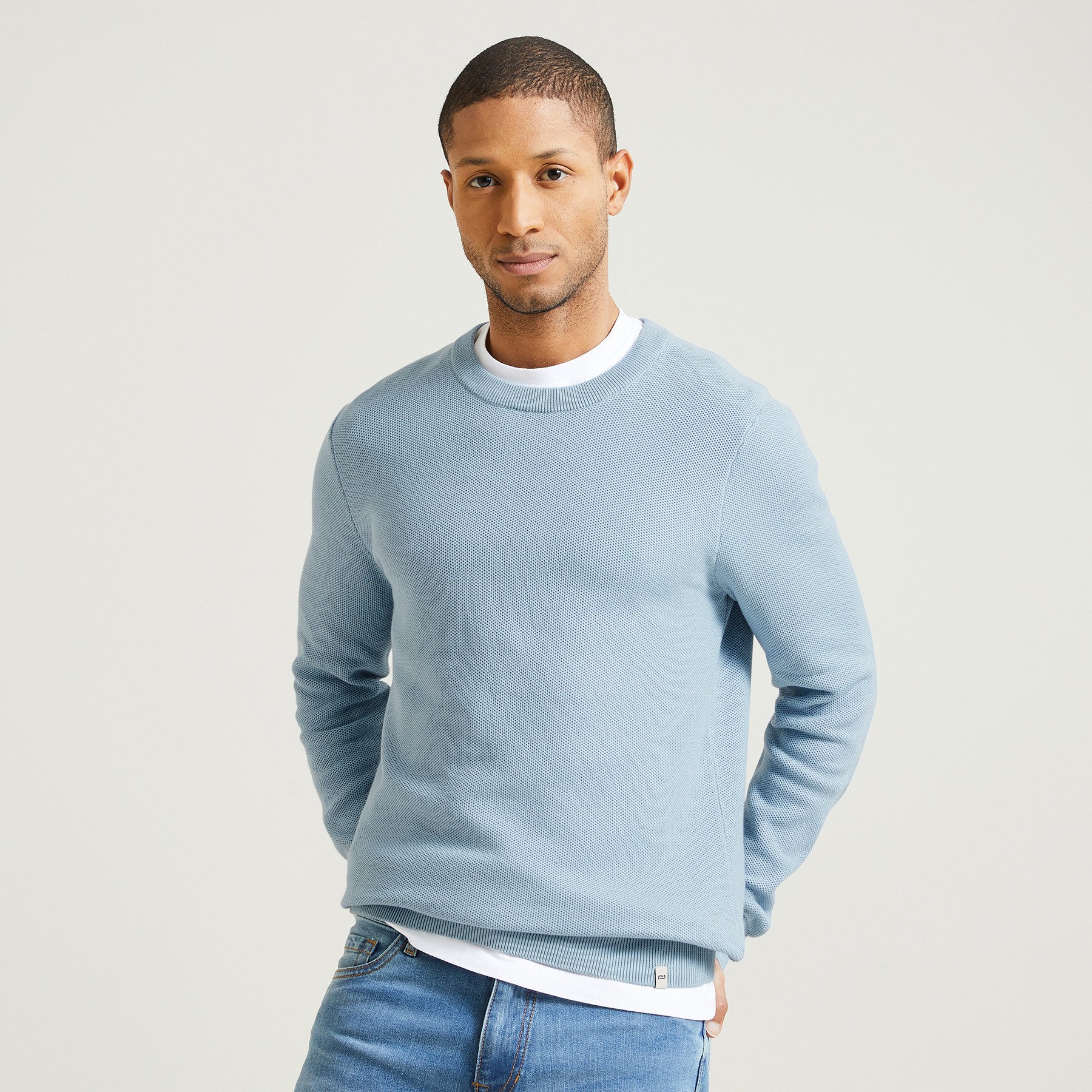Pull col rond jeux de points Bleu S 100% Coton Homme