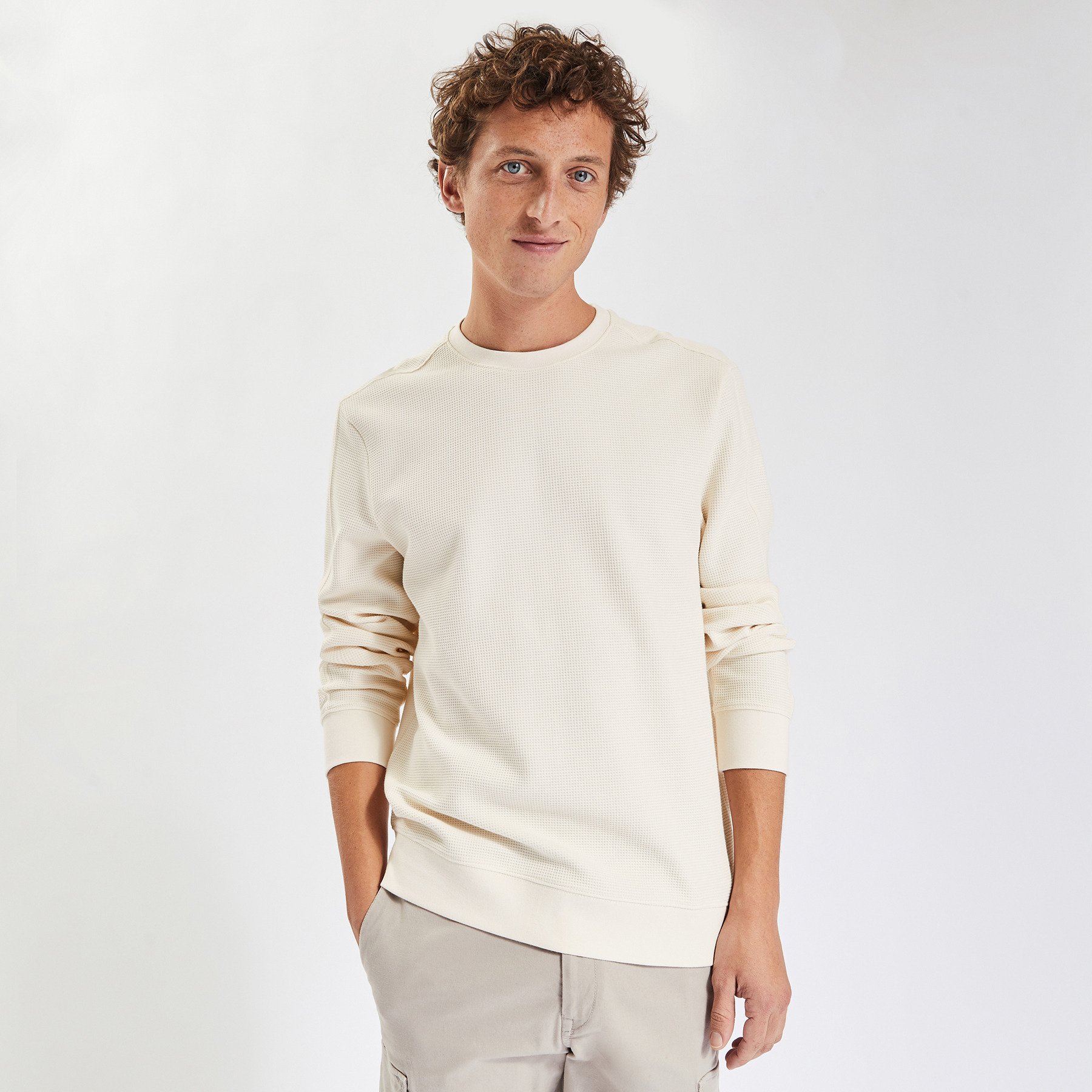Sweat col rond matière gaufrée Ecru S 100% Coton Homme Jules