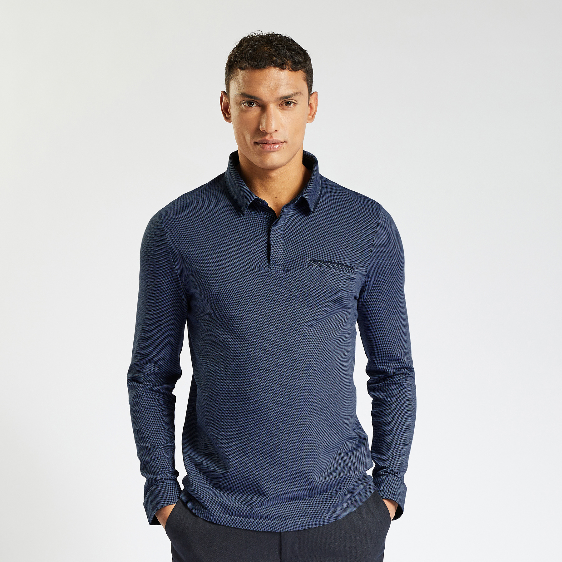 Polo manches longues jacquard Bleu foncé S 100% Coton Homme Brice