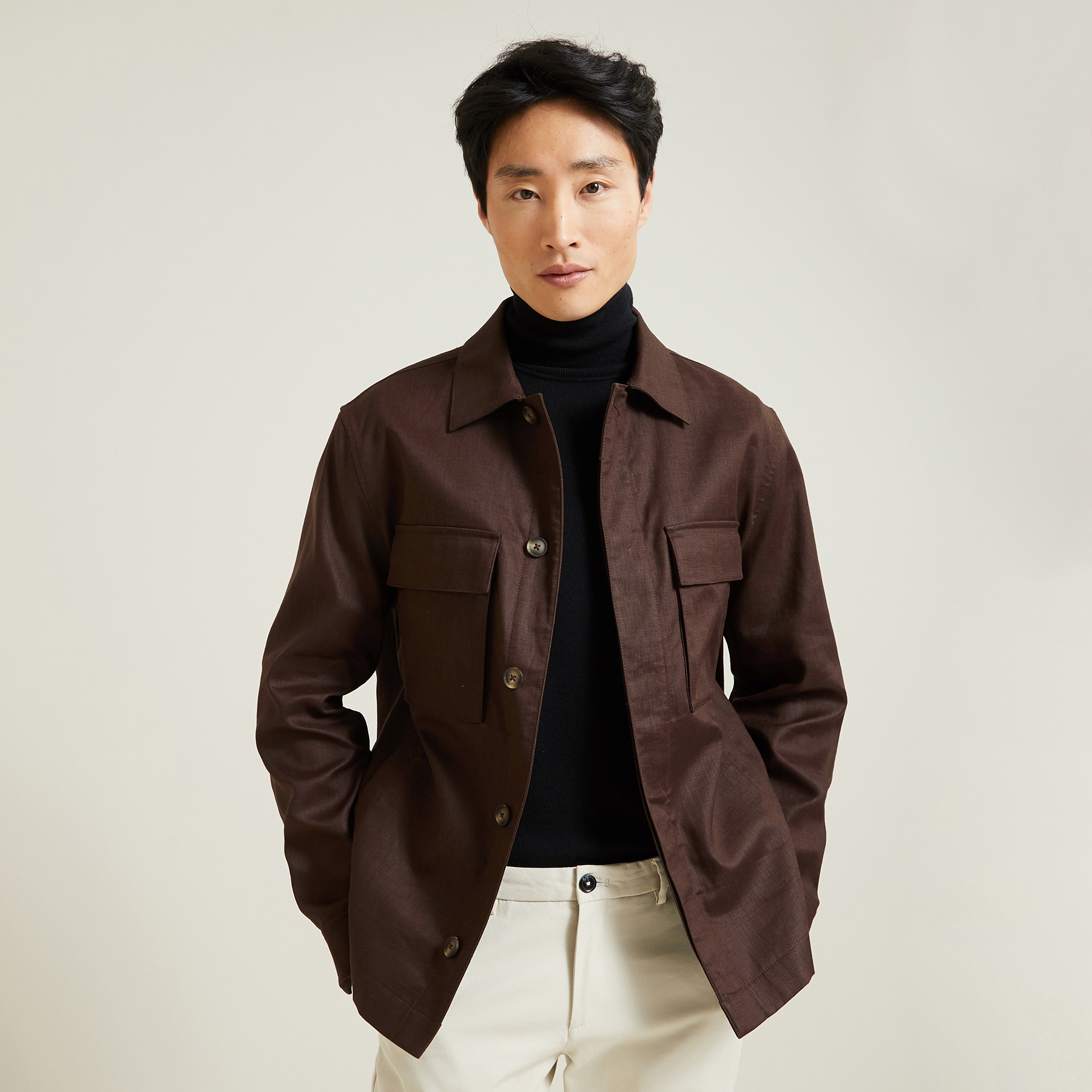 Veste en lin col chemise Marron M 58% Lin, 42% Polyester Homme Jules
