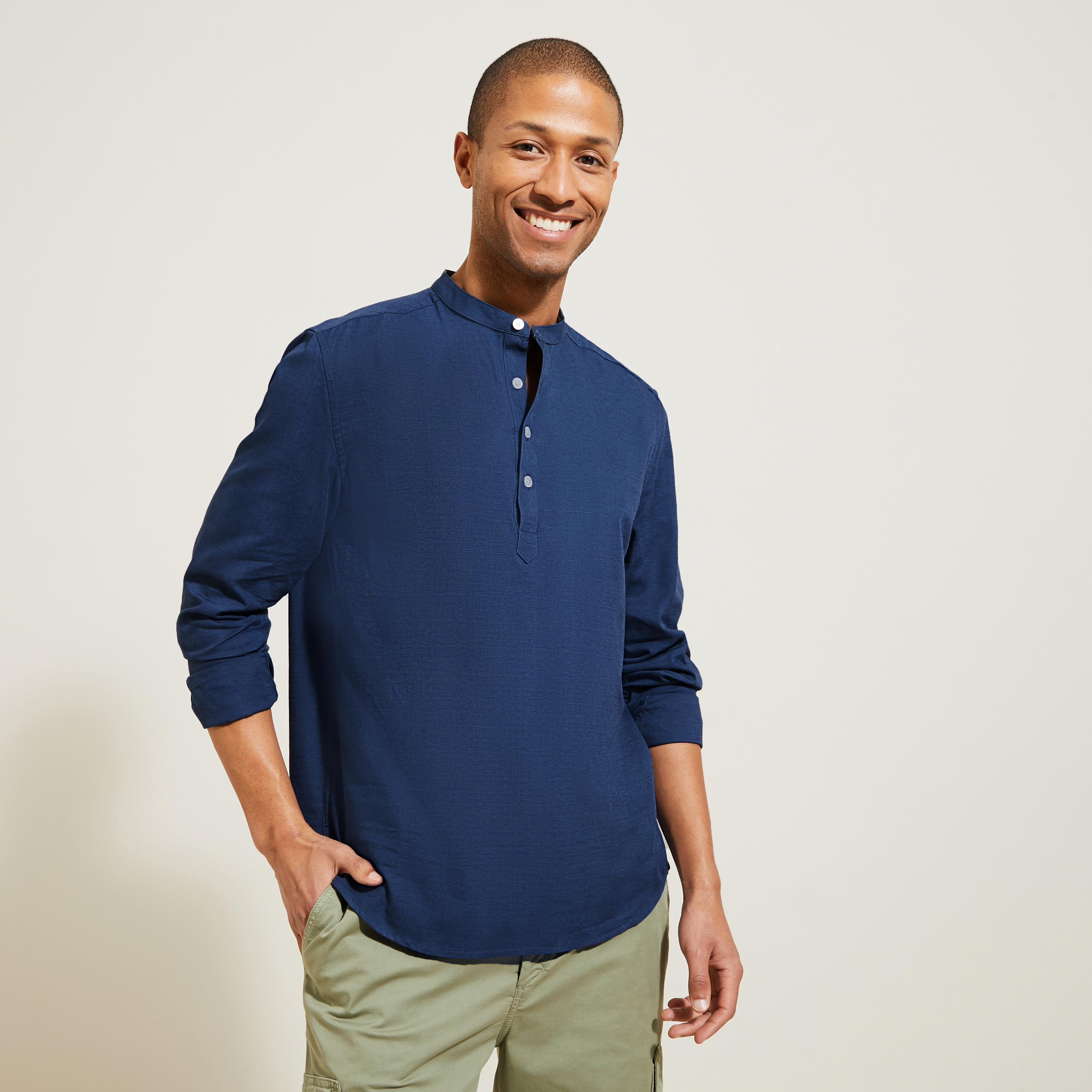 Chemise en coton col mao Bleu S 100% Coton Homme