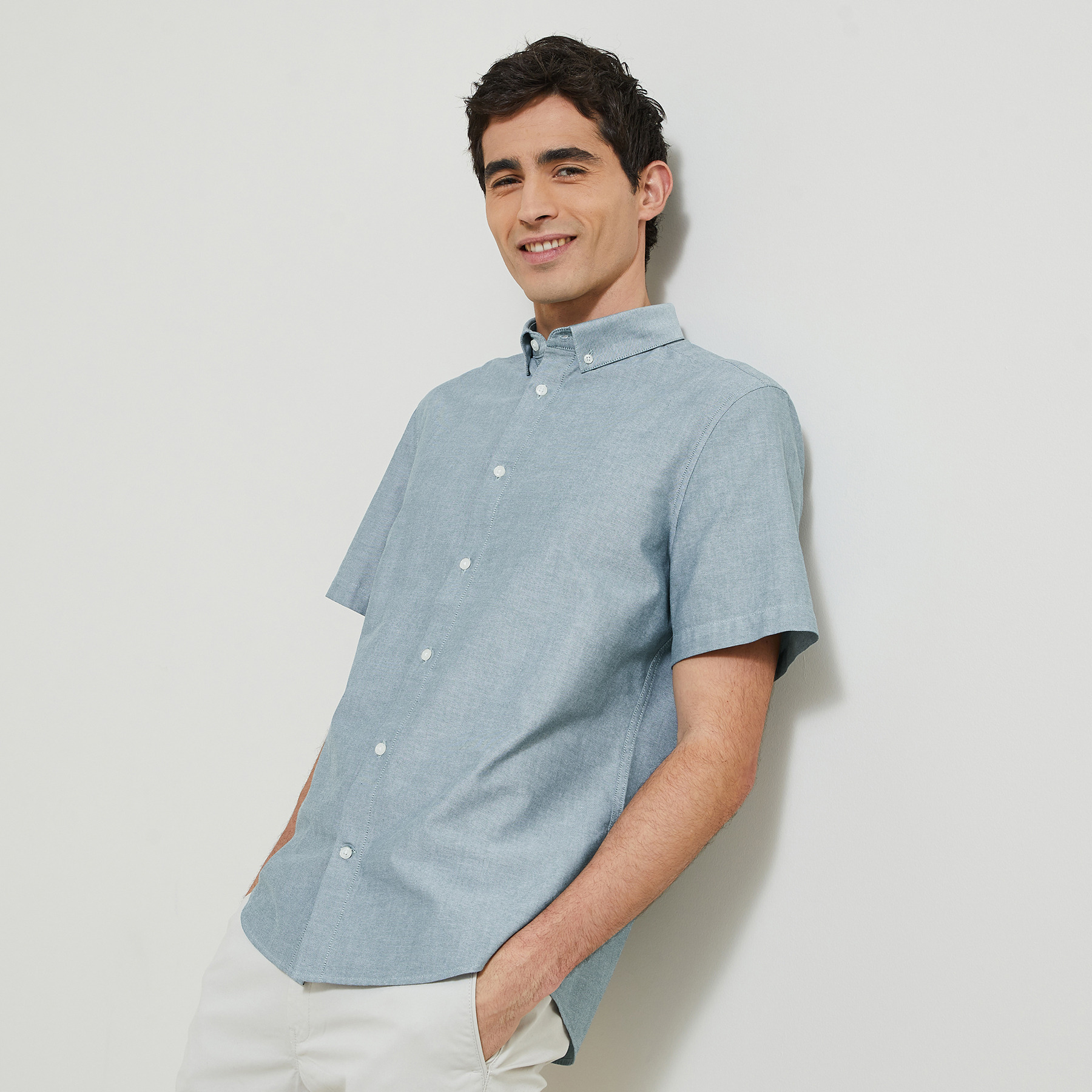 Chemisette regular en coton oxford unie Vert/Kaki S 100% Coton Homme