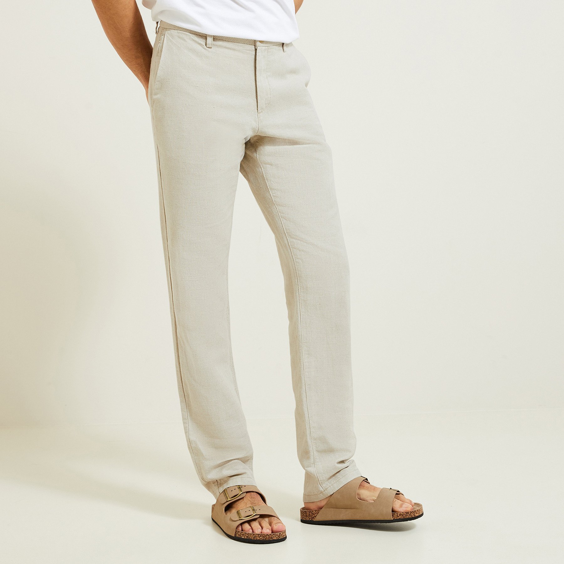 Pantalon contenant du lin droit à rayures Beige 36 55% Lin, 45% Coton Homme
