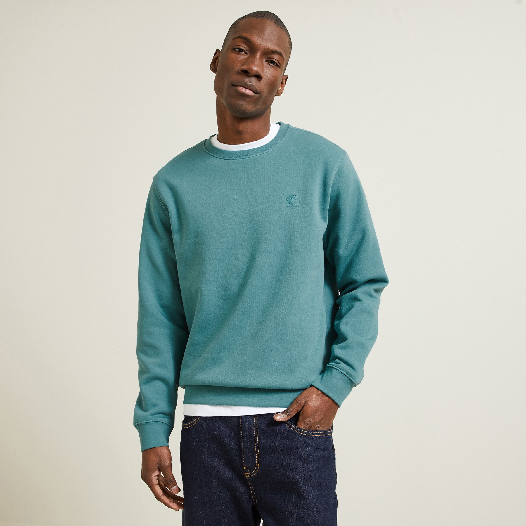 Sweat col rond broderie ton sur ton poitrine Vert/Kaki XS 70% Coton, 30% Polyester Homme