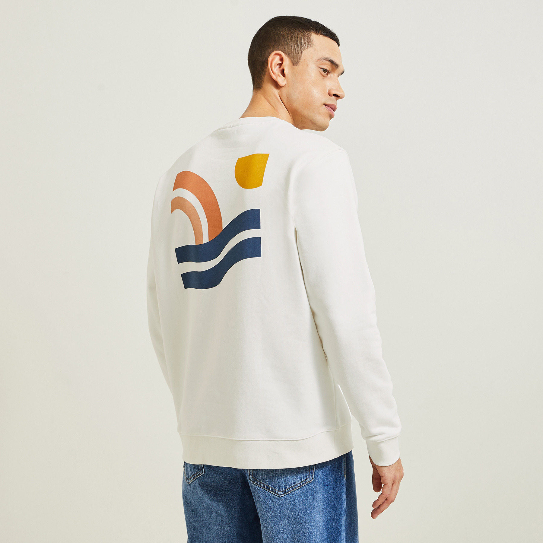 Sweat ras de cou animation devant/dos vague Ecru XS 100% Coton Homme