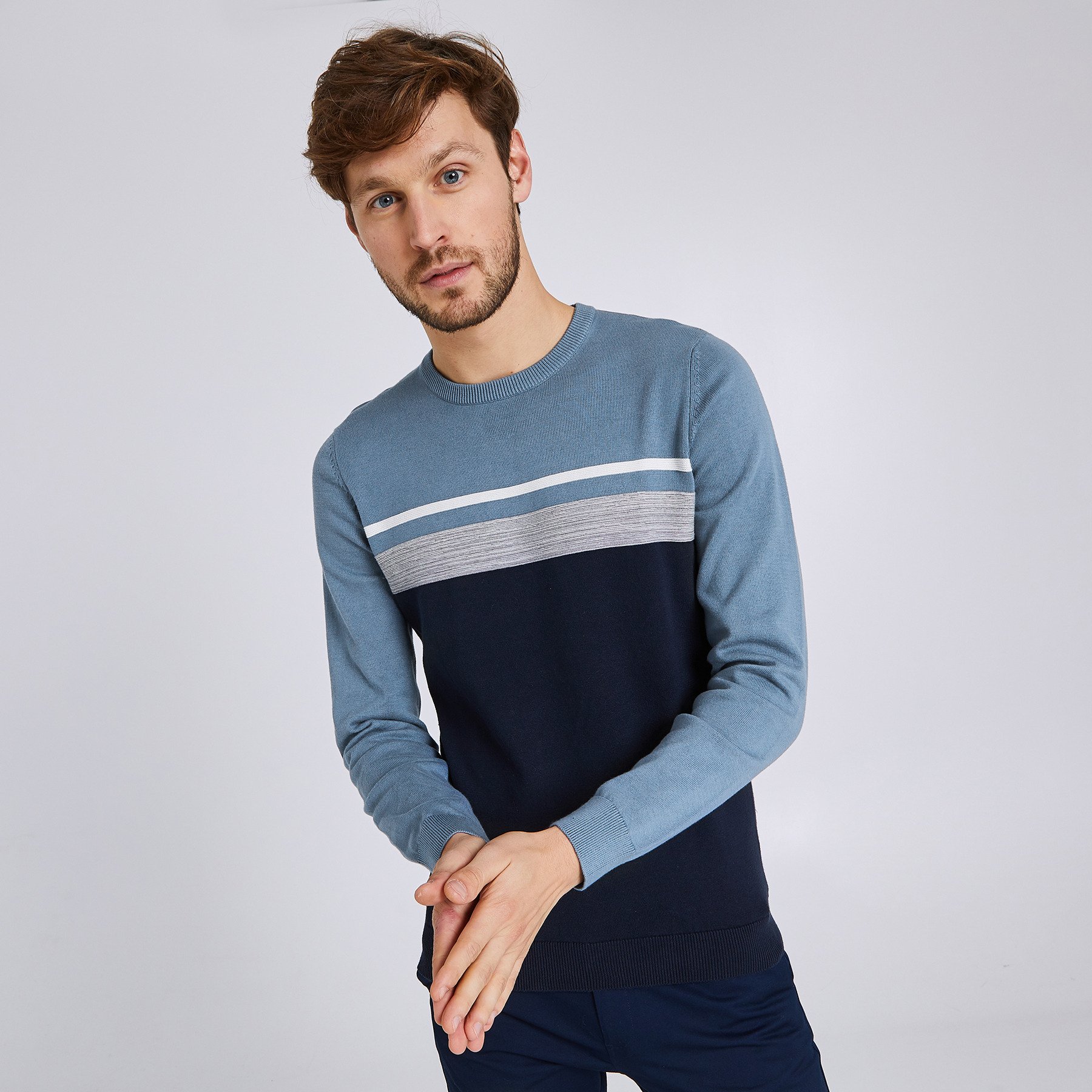 Pull col rond rayé maille fantaisie Bleu Homme