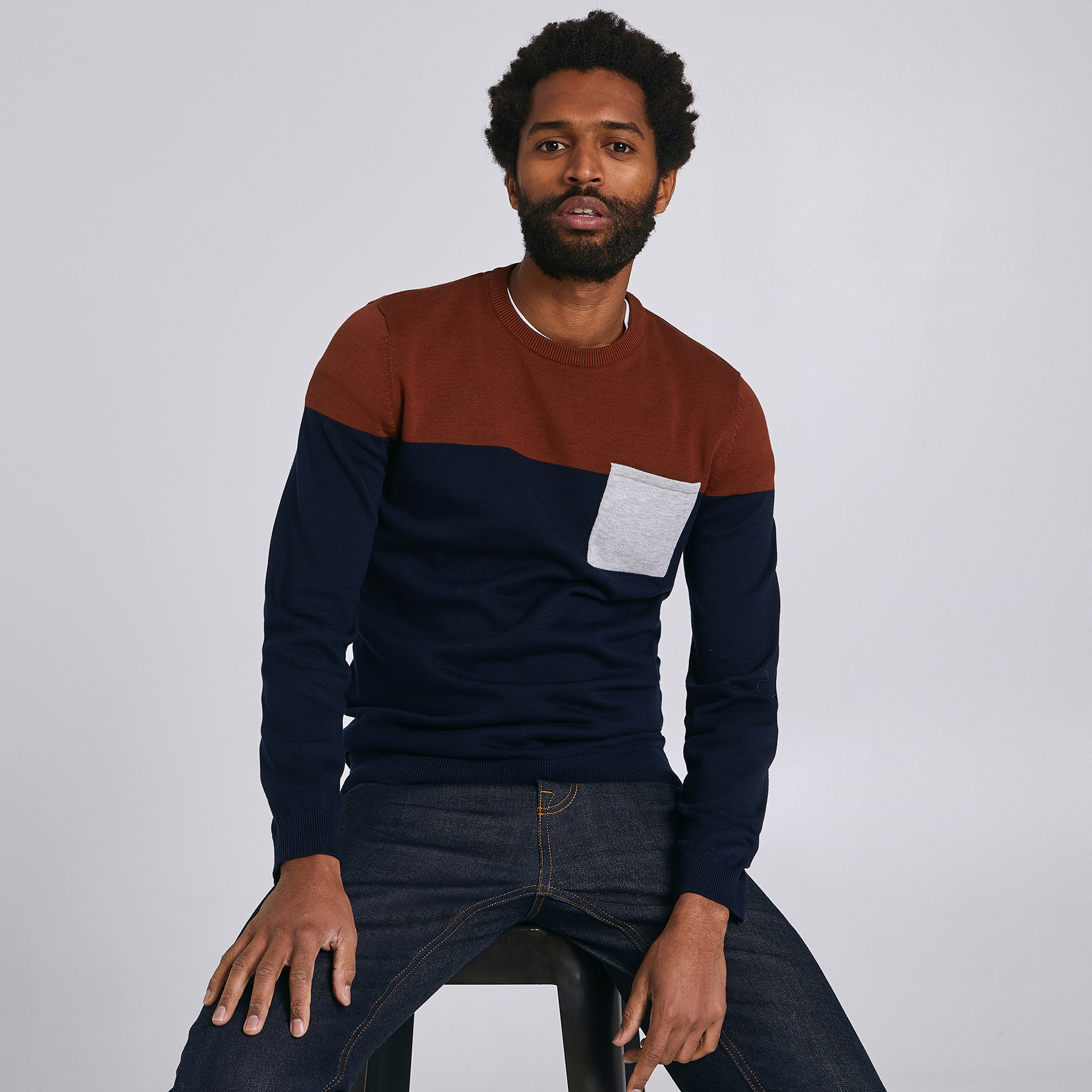 Pull jersey colorblock poche - coton issu de l'agr Bleu Homme