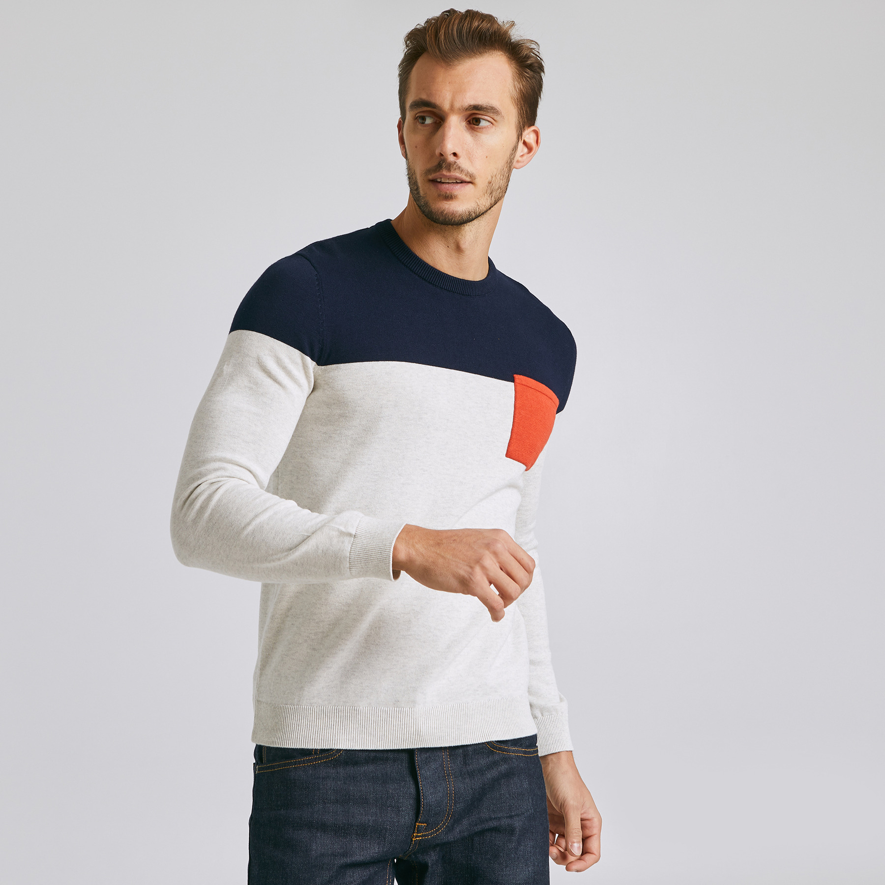 Pull jersey colorblock poche - coton issu de l'agr Ecru Homme