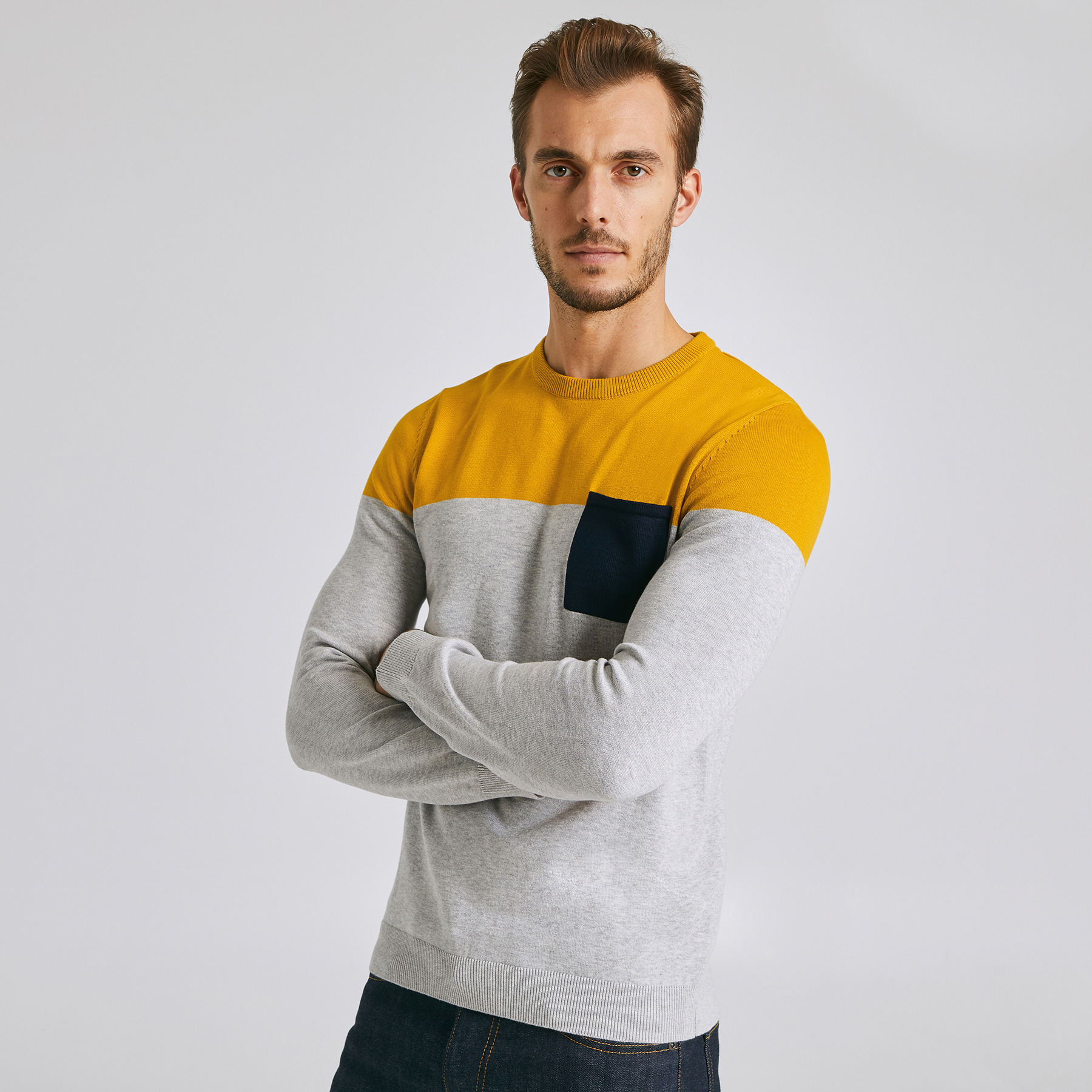 Pull jersey colorblock poche - coton issu de l'agr Gris Homme