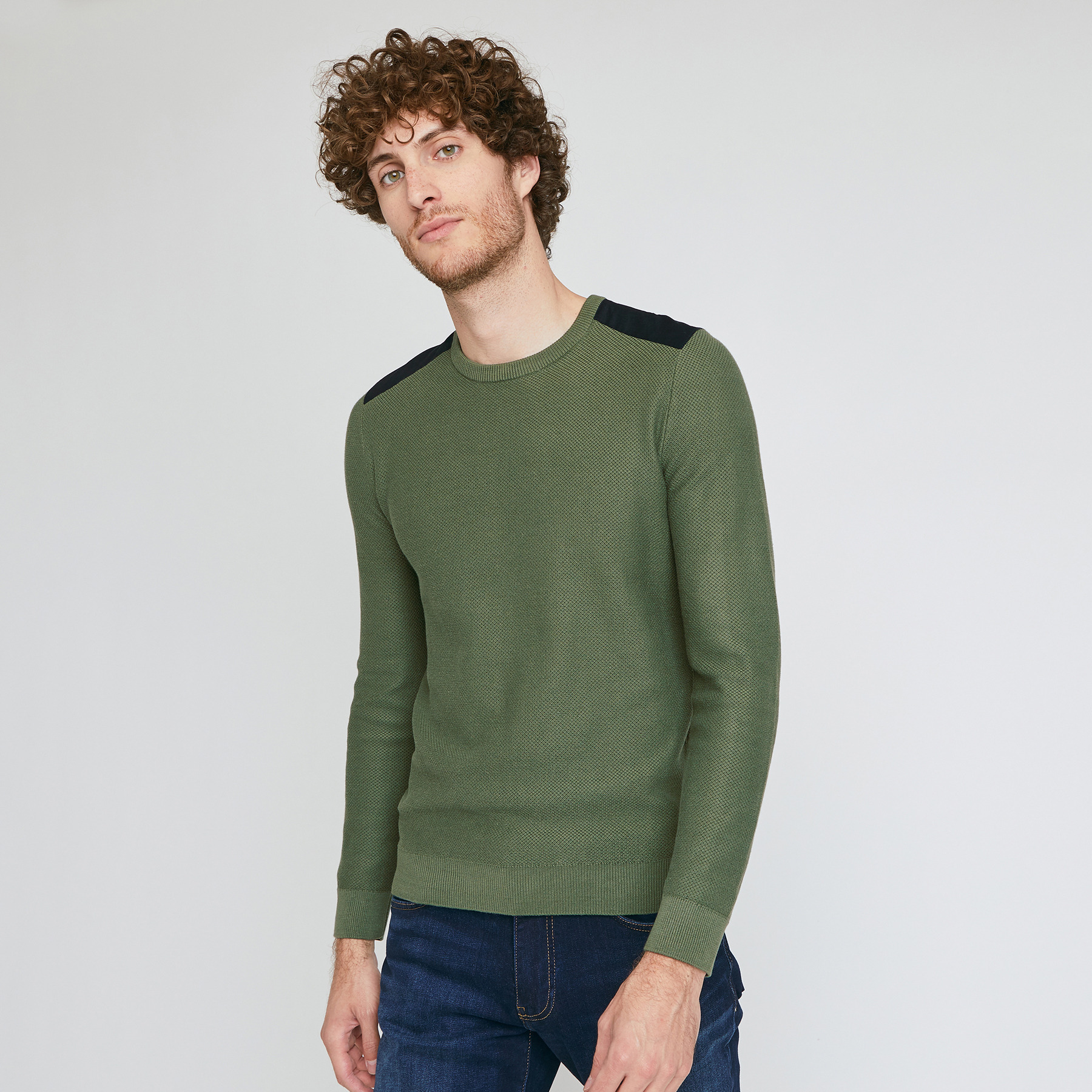 PULL COL ROND PATCH EPAULE Vert/Kaki Homme