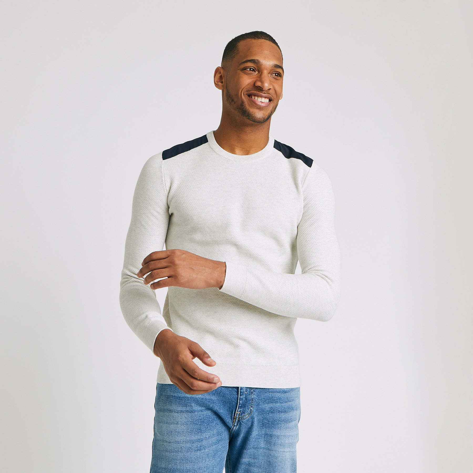 Pull col rond patch épaules Ecru Homme