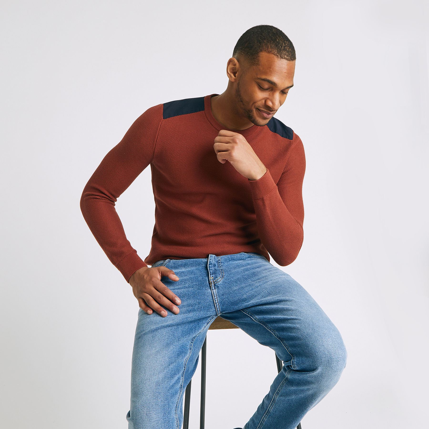 PULL COL ROND PATCH EPAULE Beige Homme