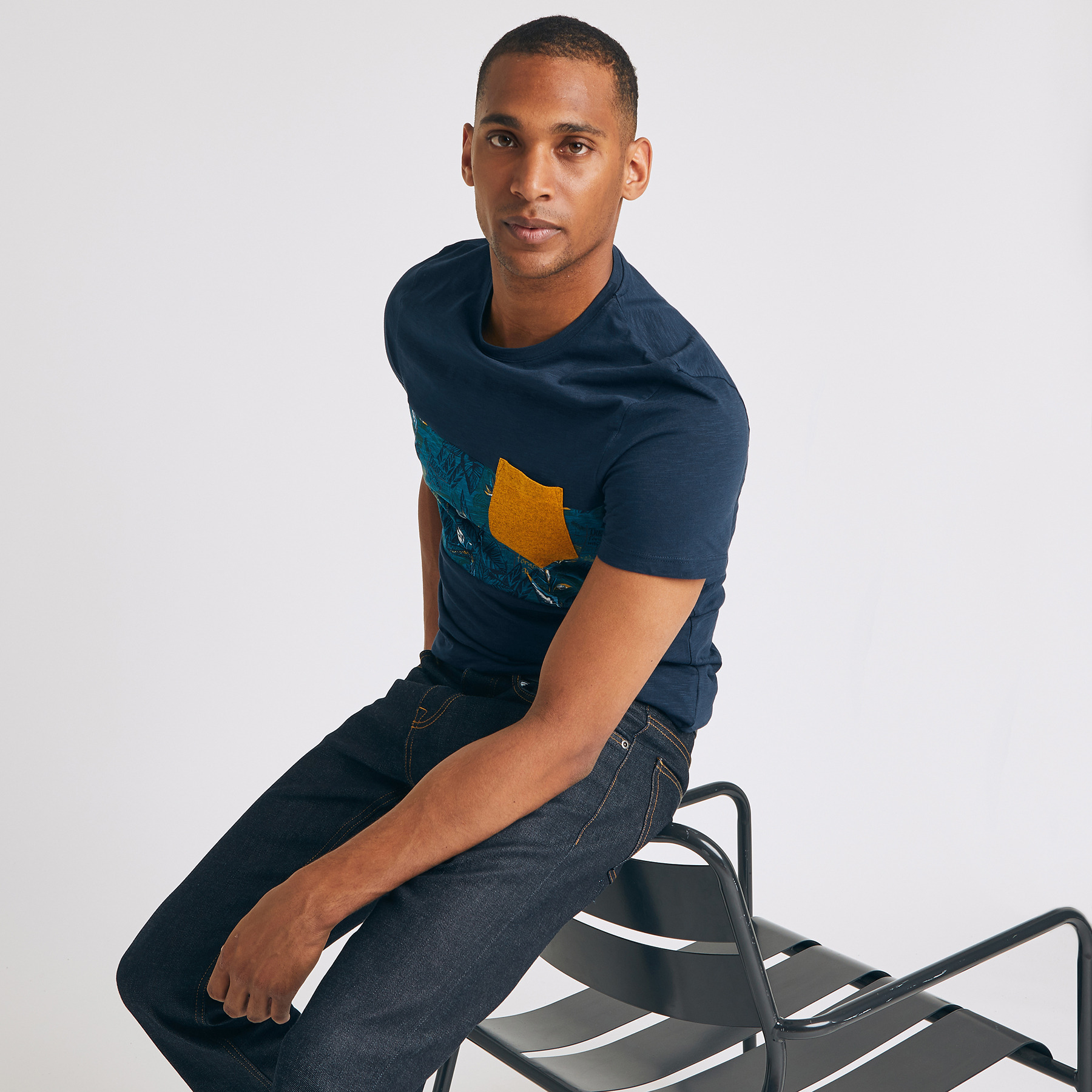 T-shirt découpe imprimé fleurs  oiseaux de paradis Bleu Homme